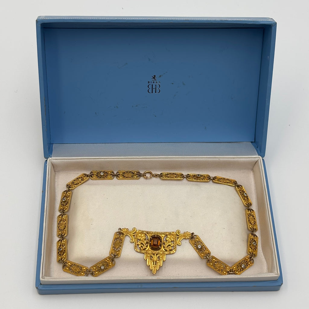 Birks Art Deco Filigree Statement Necklace Amber Crystal