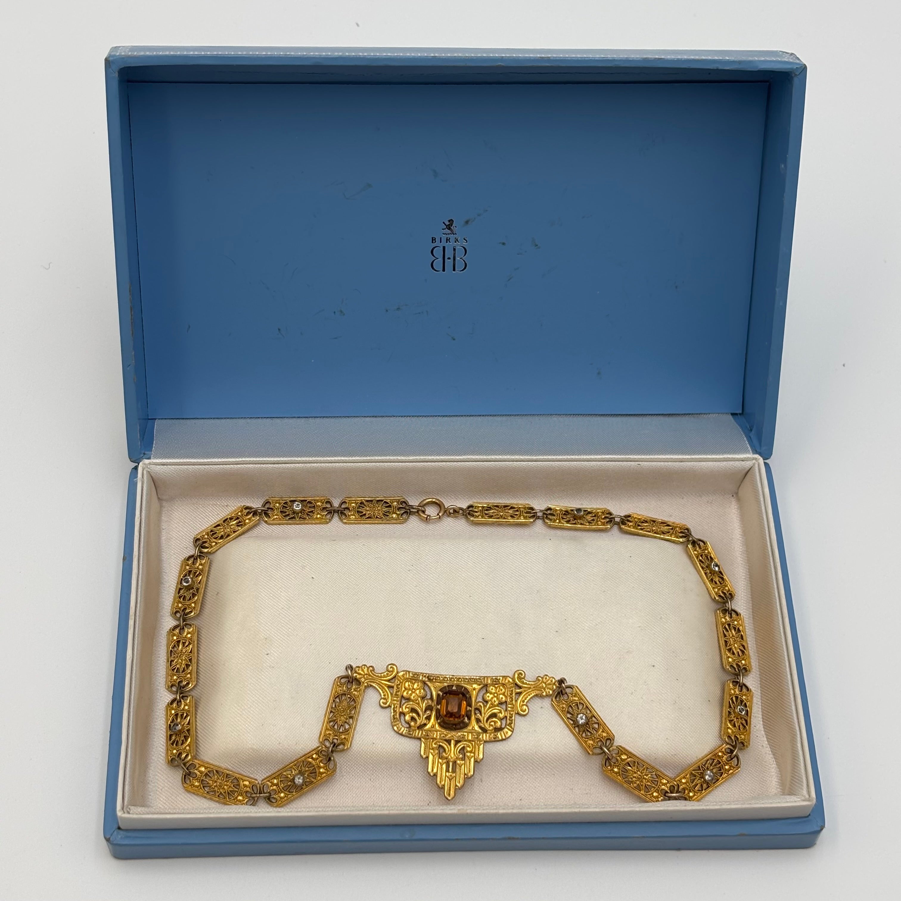 Birks Art Deco Filigree Statement Necklace Amber Crystal