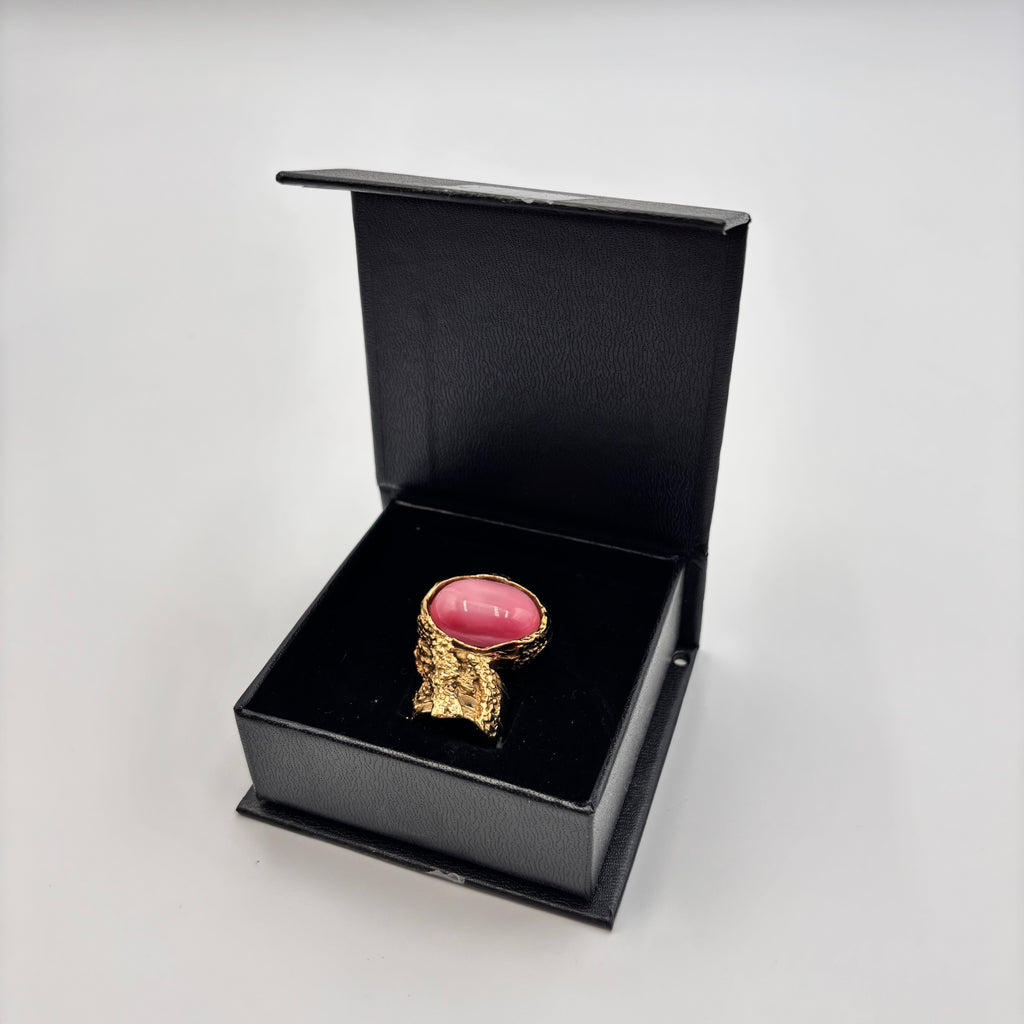 Yves Saint Laurent Arty Pink Cabochon Cocktail Ring Gold Tone Size 5