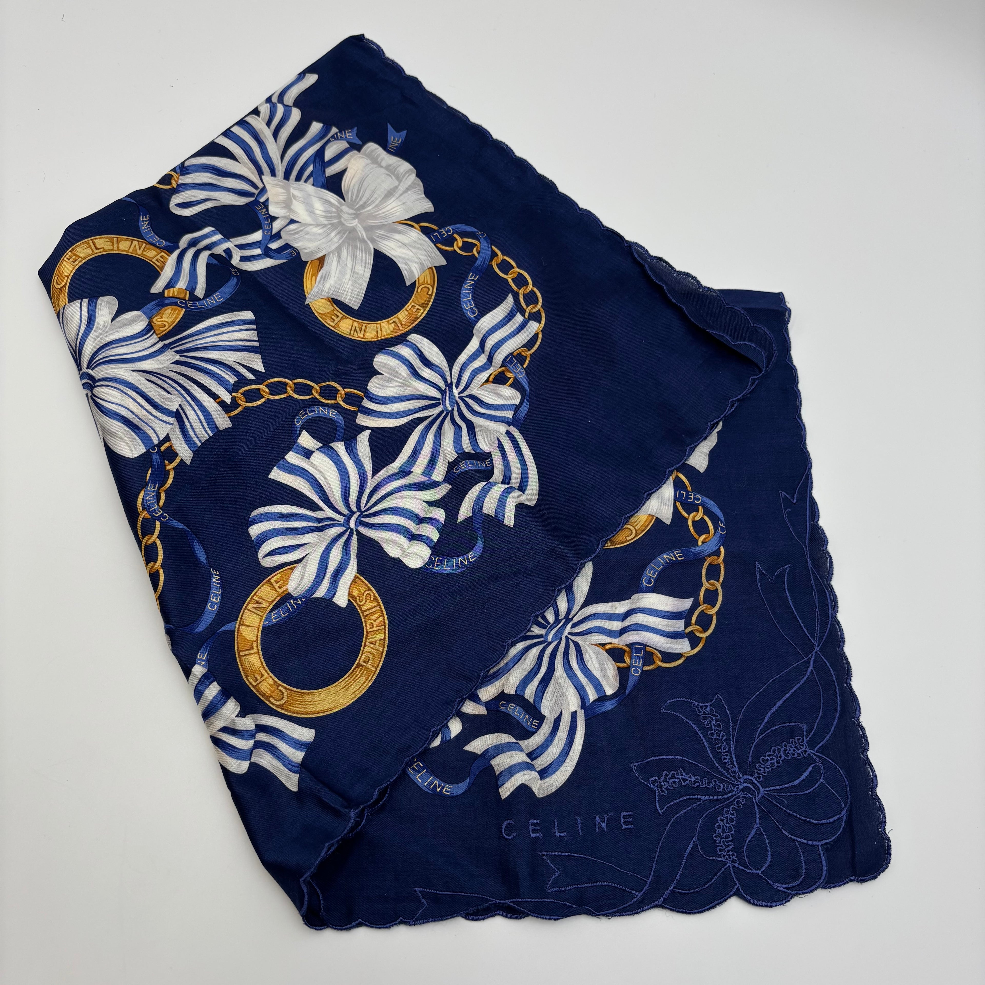 Celine Paris Scarf Navy Gold Chain Bow & Floral Print