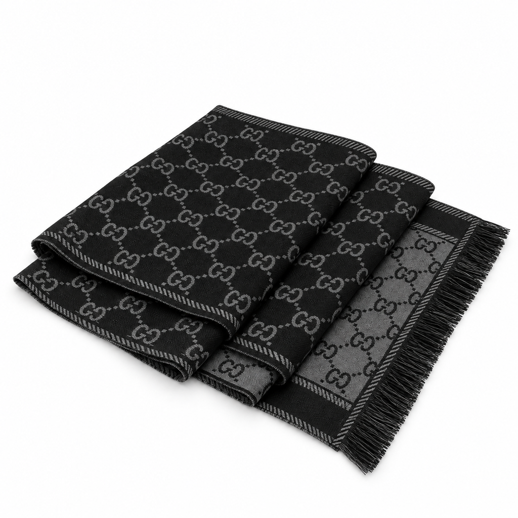 Gucci GG Jacquard Fringe Scarf – Black / Grey