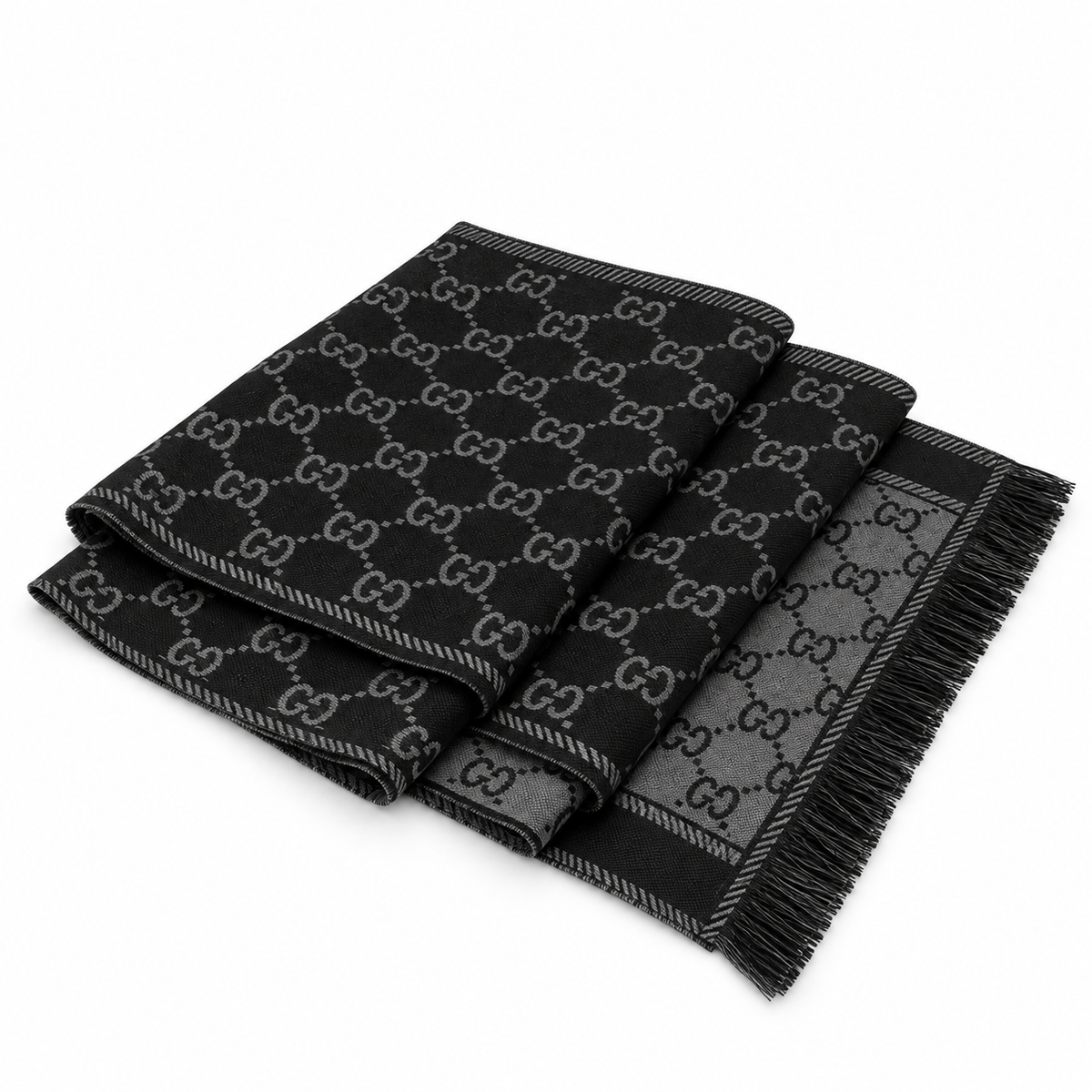 Gucci GG Jacquard Fringe Scarf – Black / Grey