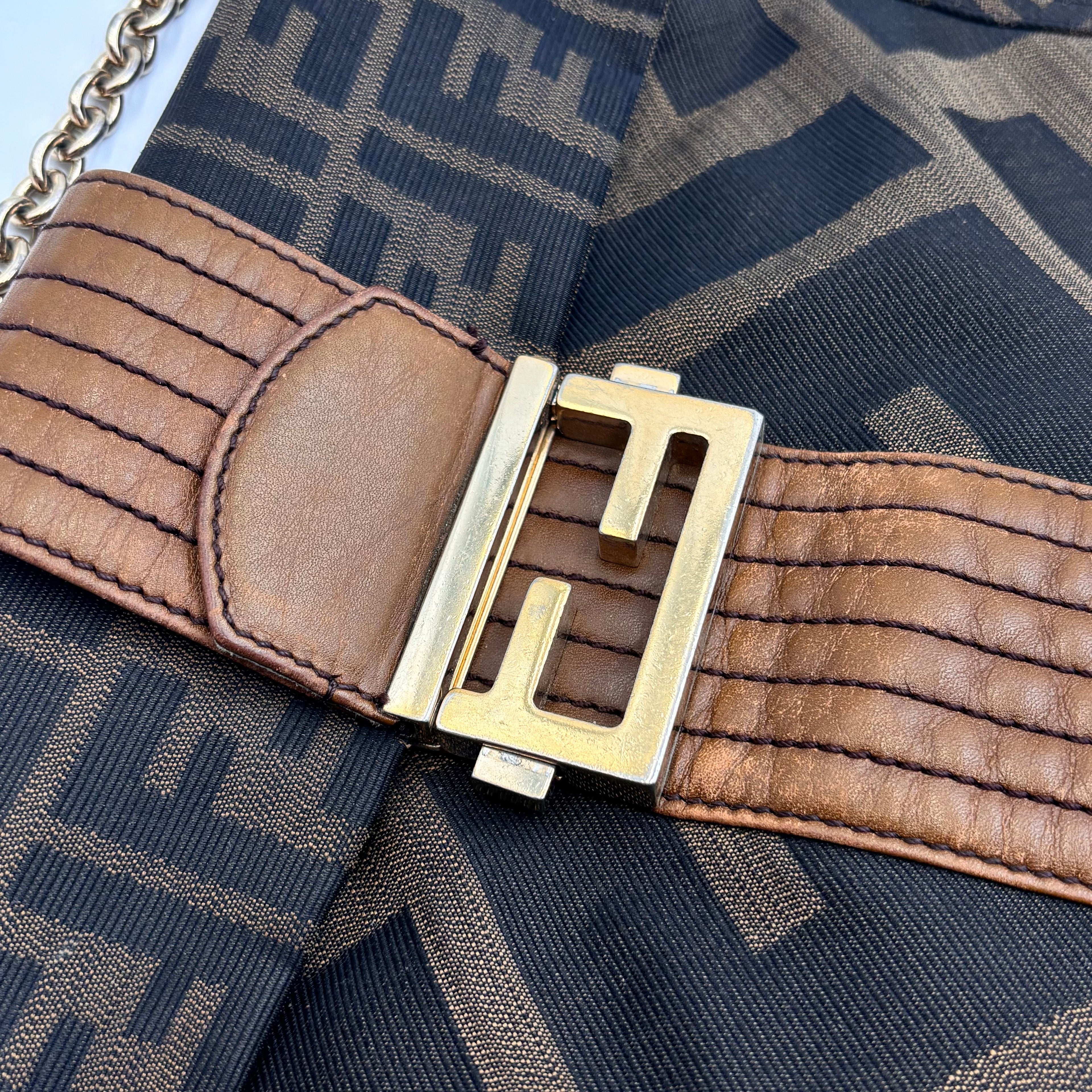 Fendi Zucca FF Canvas Shoulder Bag Brown Gold Hardware