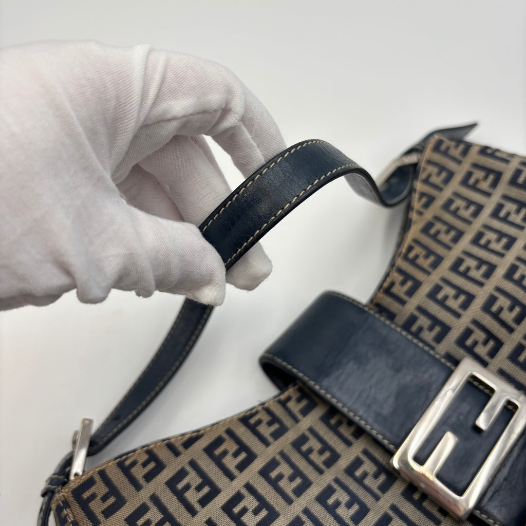 Fendi Zucca FF Monogram Canvas Shoulder Bag in Navy Blue 2000s