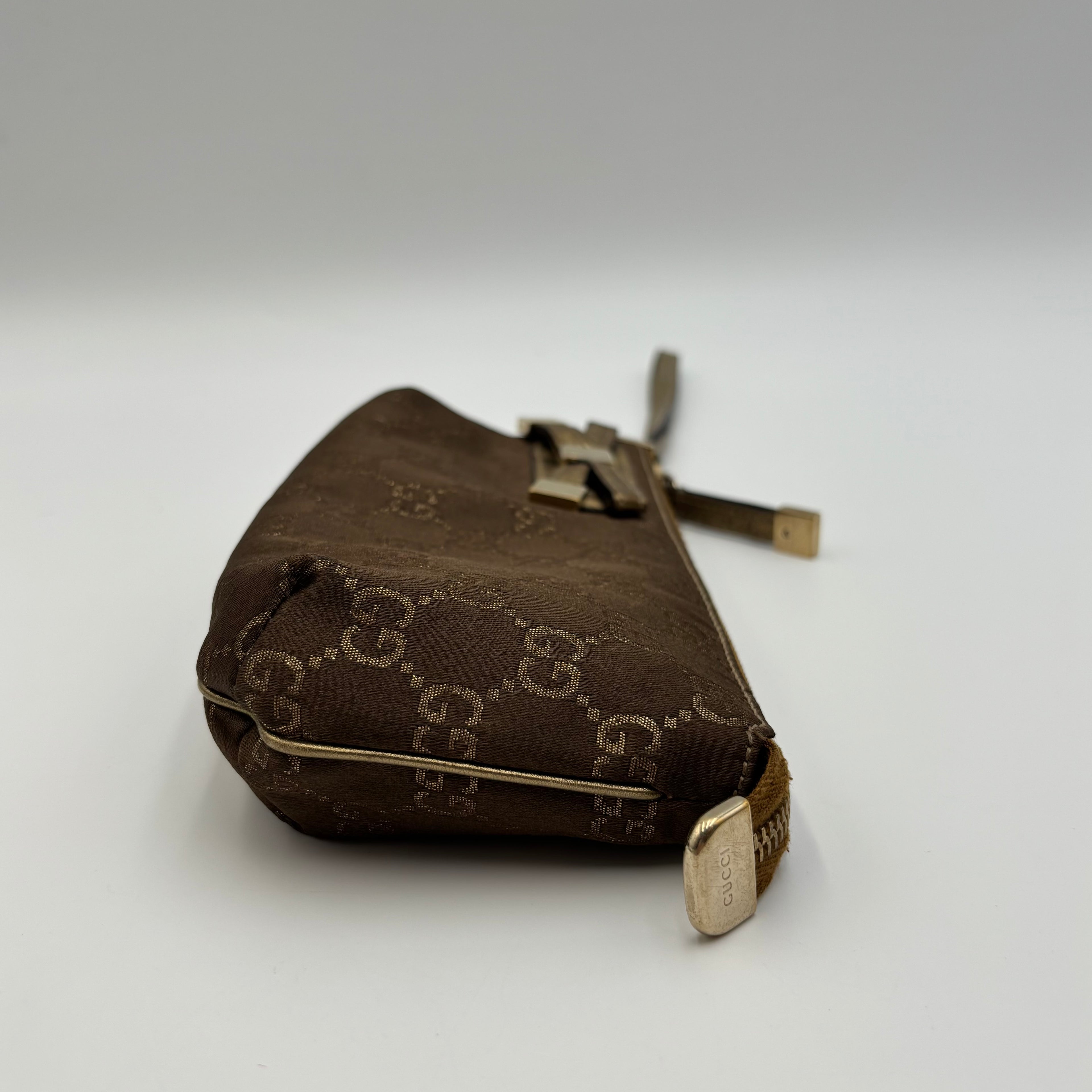 Gucci GG Canvas Bow Wristlet Pouch Metallic Gold Leather