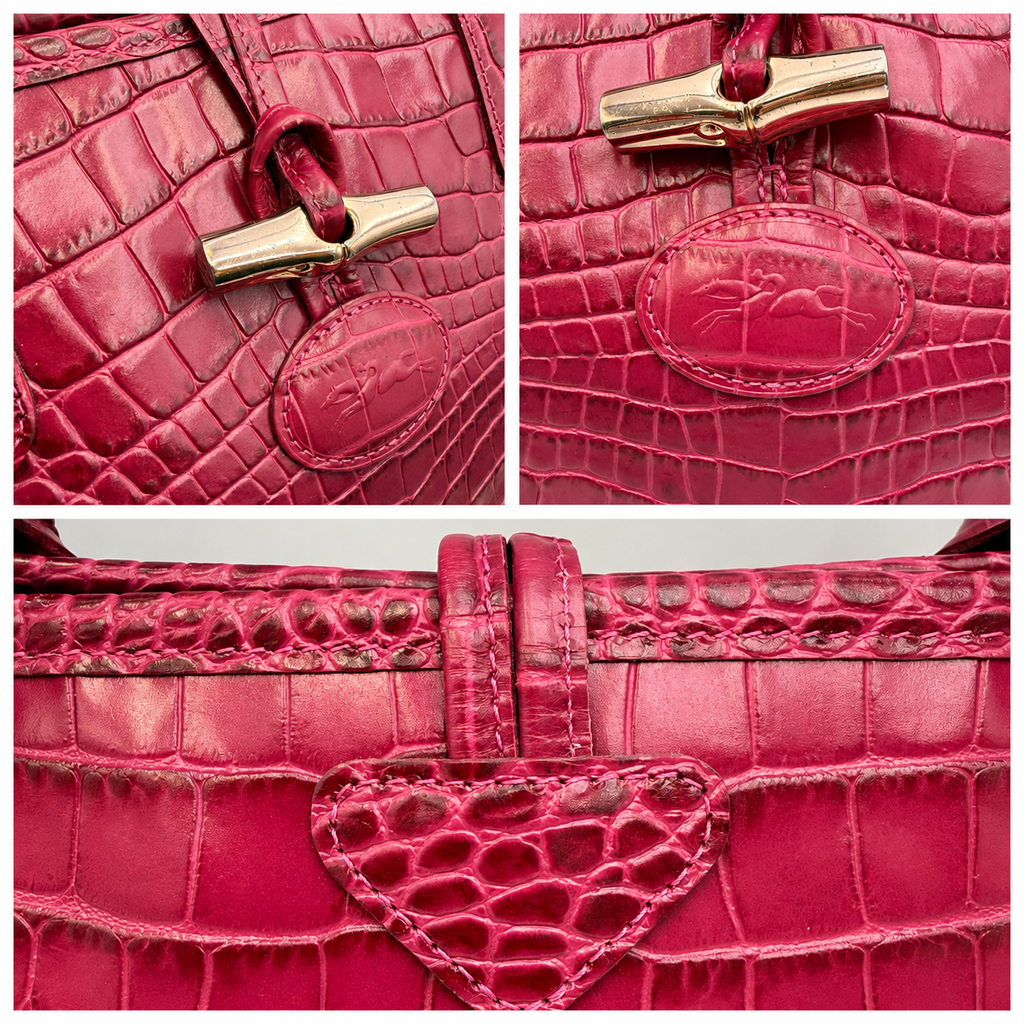 Longchamp Roseau Crocodile-Embossed Leather Tote by Philippe Cassegrain, Fuchsia, c. 2000s
