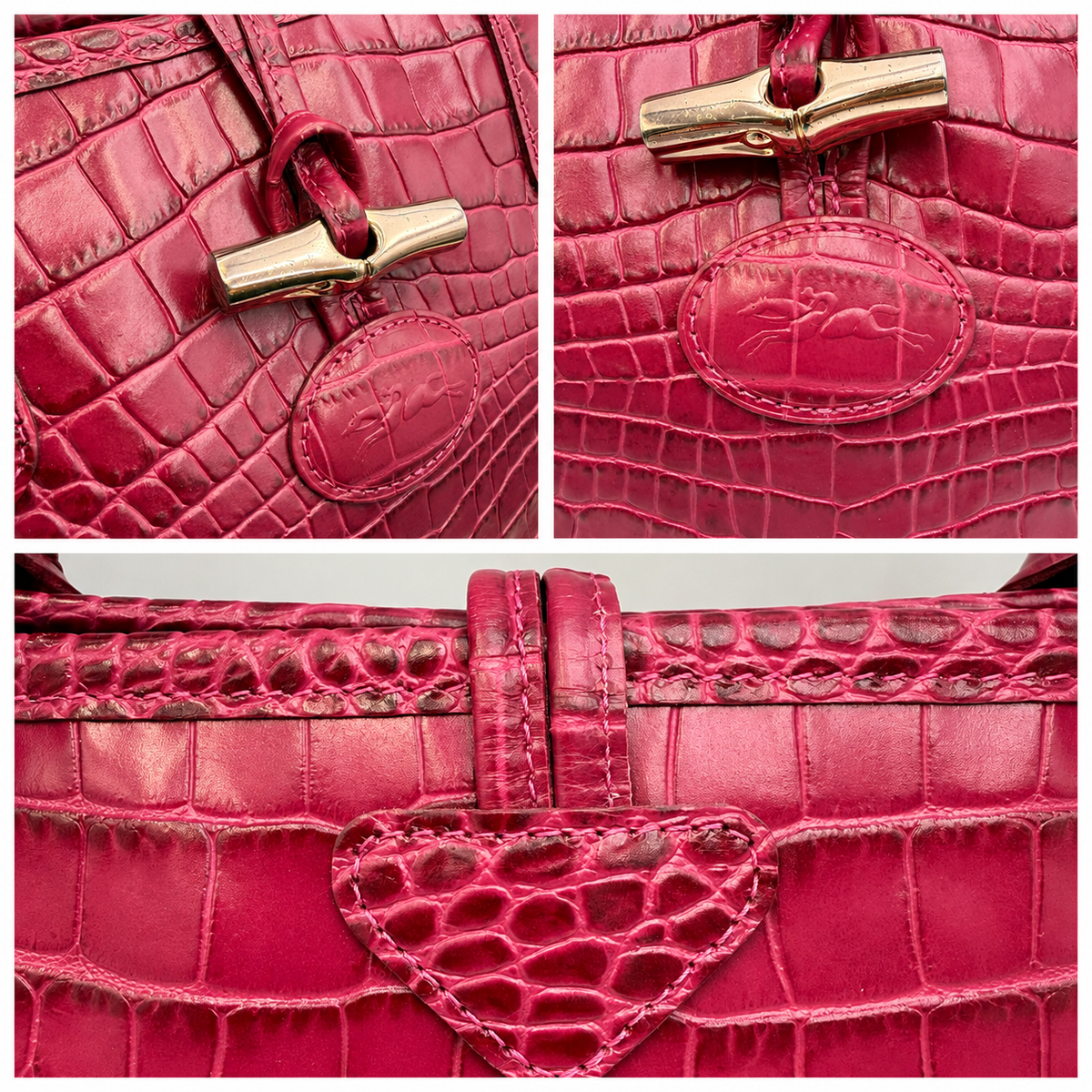 Longchamp Roseau Crocodile-Embossed Leather Tote by Philippe Cassegrain, Fuchsia, c. 2000s