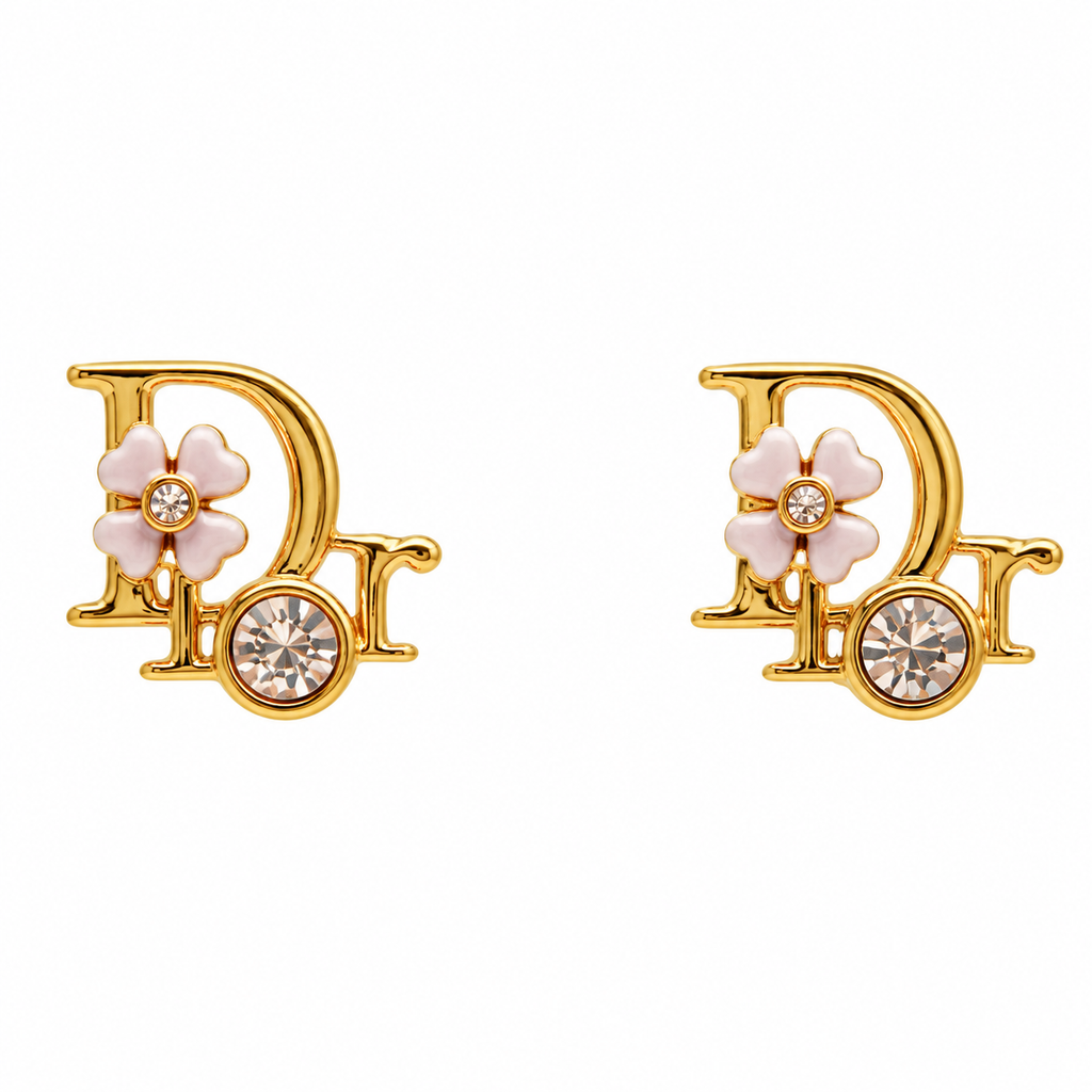 Dior Precious Clover Pink Lacquer Crystal Stud Earrings