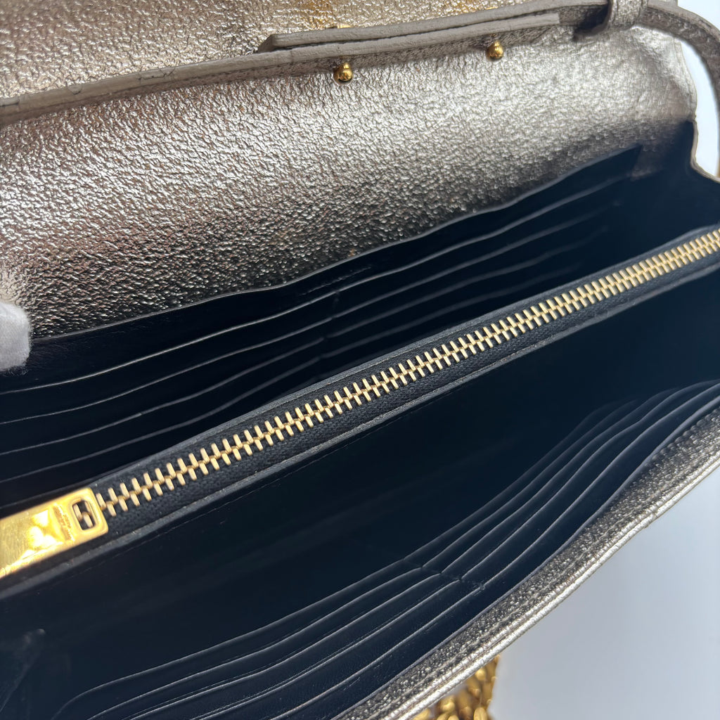 Saint Laurent Metallic Gold Matelassé Chevron Monogram Chain Wallet
