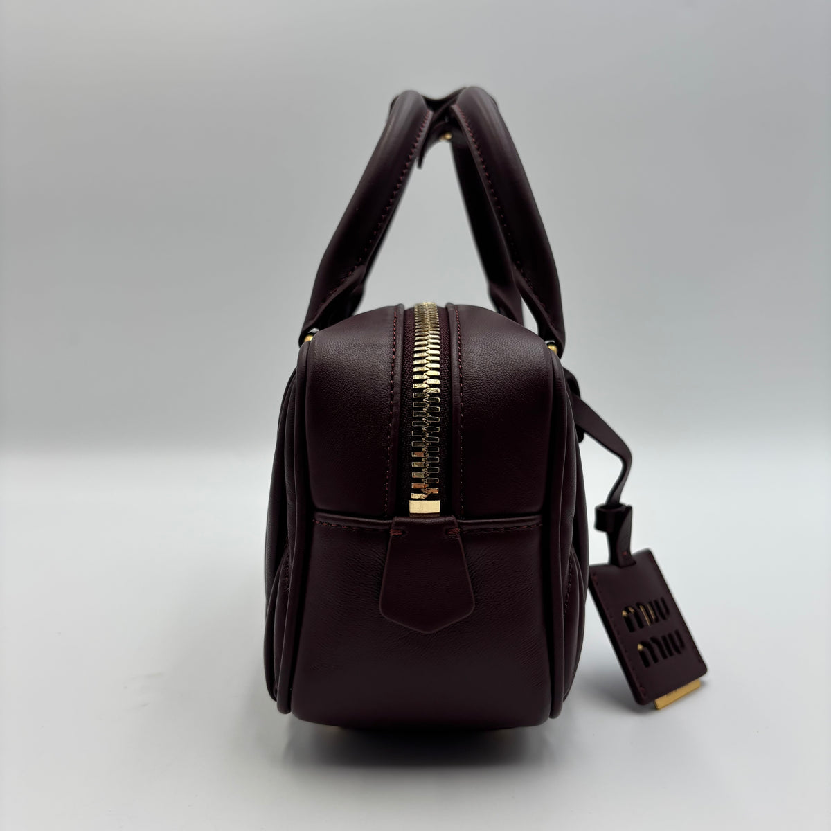 Miu Miu Arcadie Burgundy Matelassé Leather Top Handle Boston Bag With Strap
