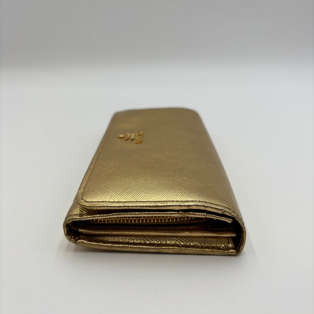Prada Metallic Gold Saffiano Leather Continental Wallet