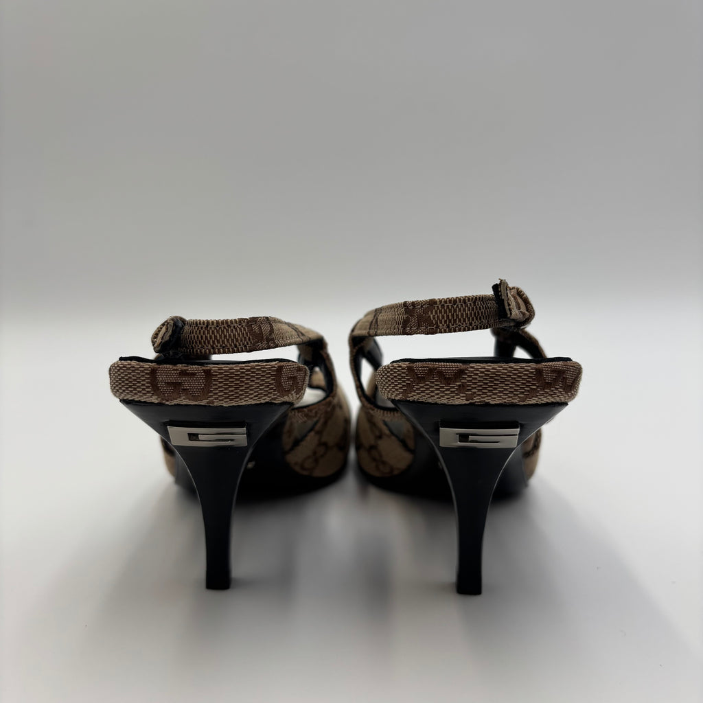 Gucci GG Canvas Slingback Kitten Heels Brown Monogram