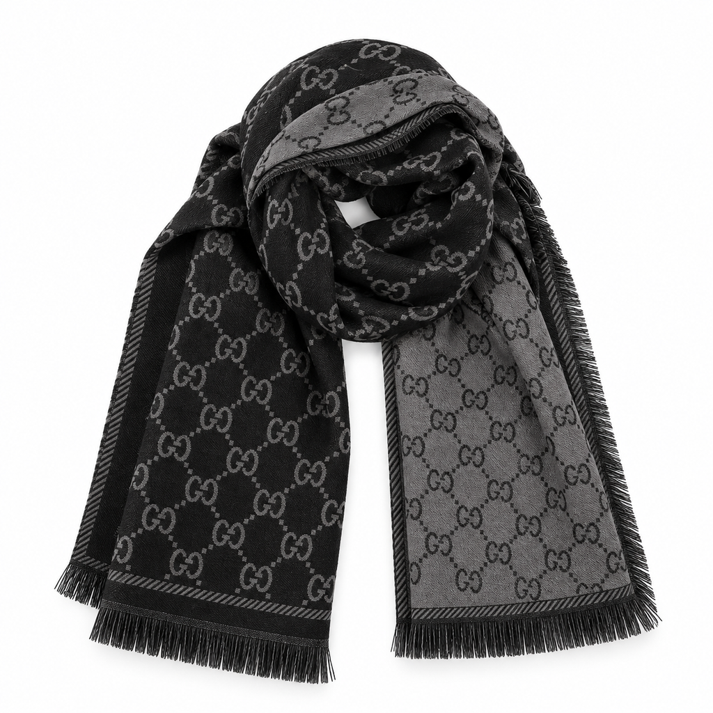 Gucci GG Jacquard Fringe Scarf – Black / Grey