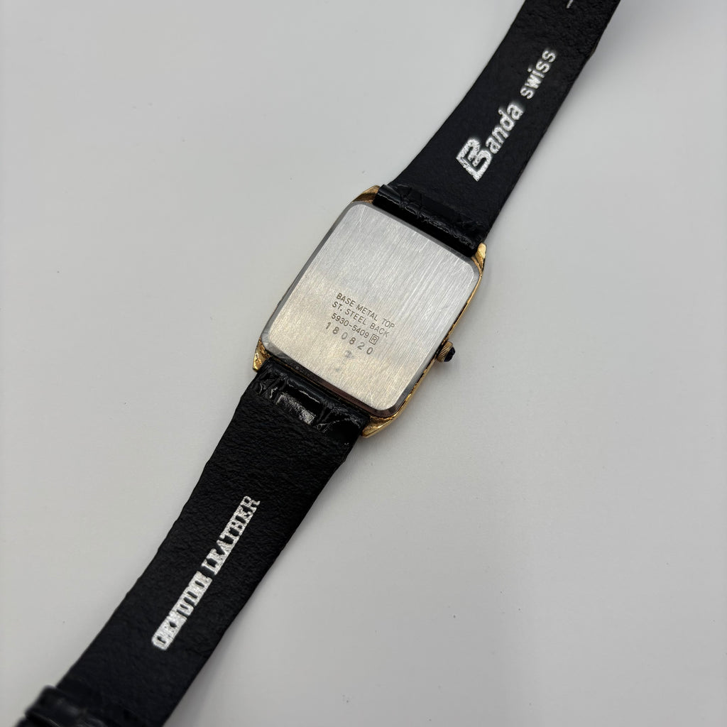 Seiko Quartz 5930-5400 Black Dial Gold Tone Watch | 2 Diamond Markers