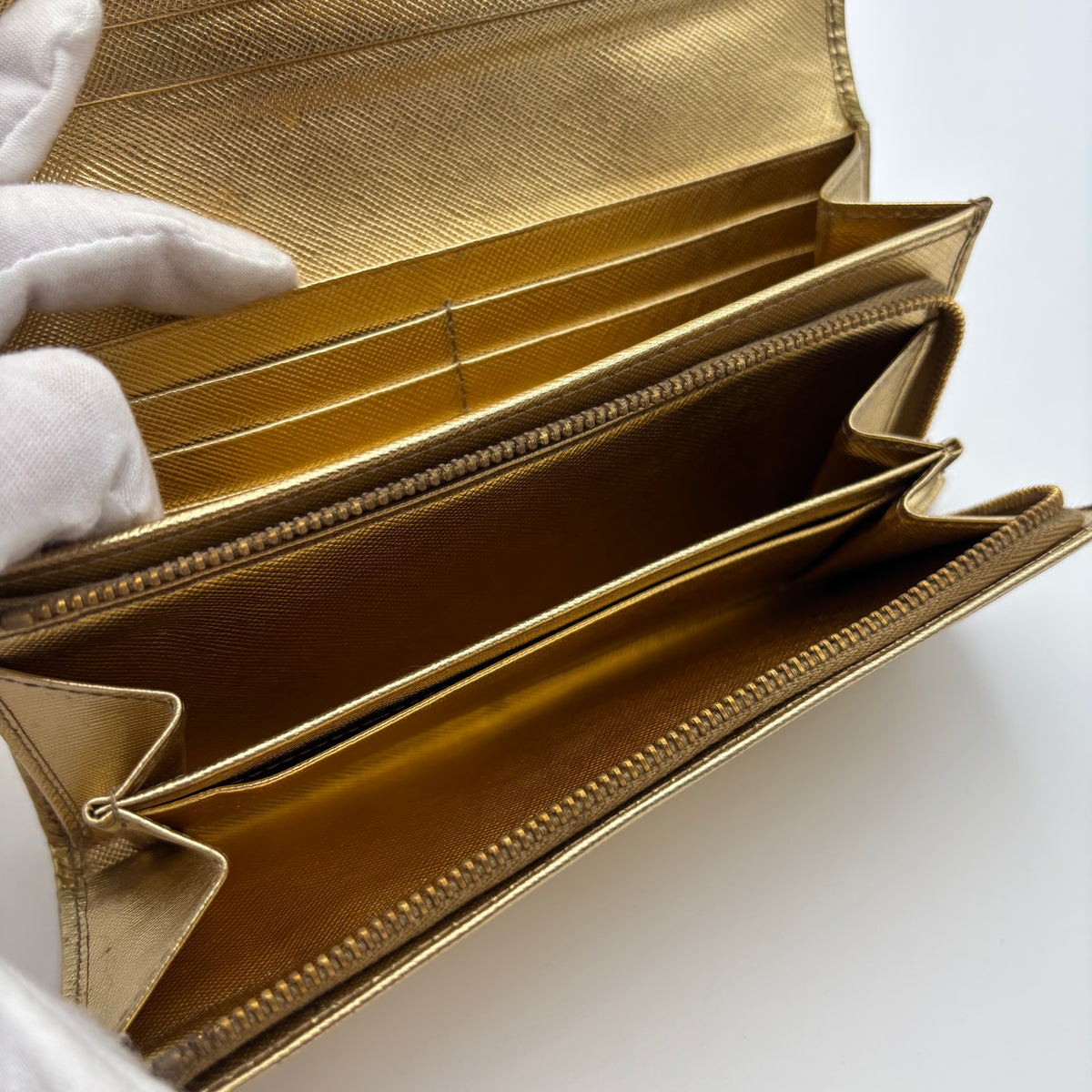 Prada Metallic Gold Saffiano Leather Continental Wallet
