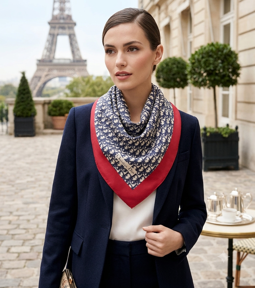 Christian Dior Oblique Monogram Silk Scarf – Navy, Ivory & Red