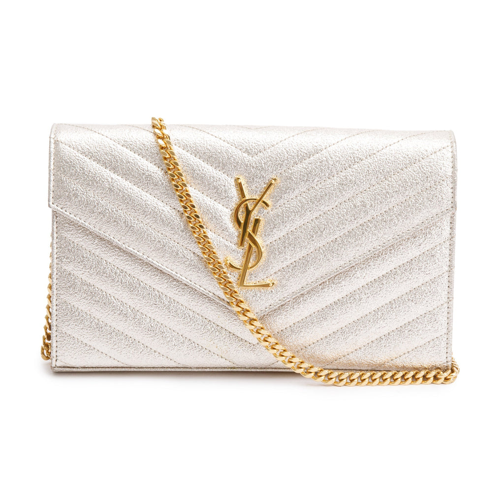 Saint Laurent Metallic Gold Matelassé Chevron Monogram Chain Wallet
