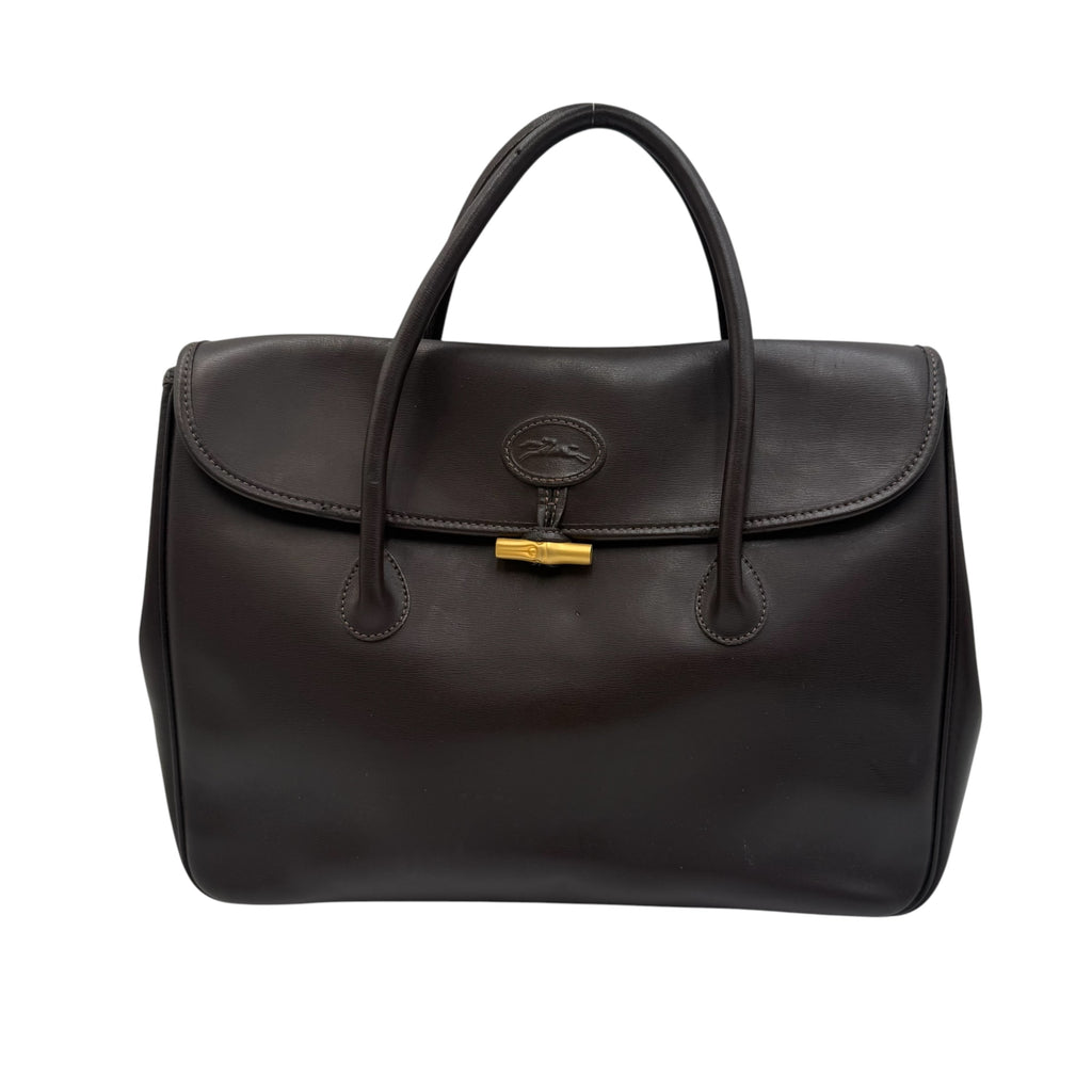 Longchamp Vintage Roseau Top Handle Satchel Bag Dark Brown Leather