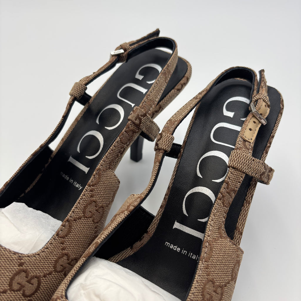 Gucci GG Canvas Slingback Kitten Heels Brown Monogram