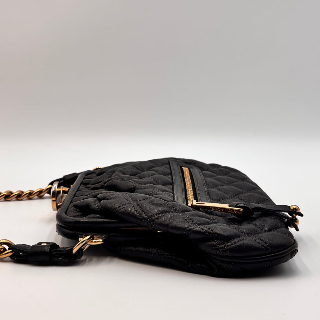 Marc Jacobs 2008 Stam Quilted Leather Frame Bag Black Gold Chain Strap