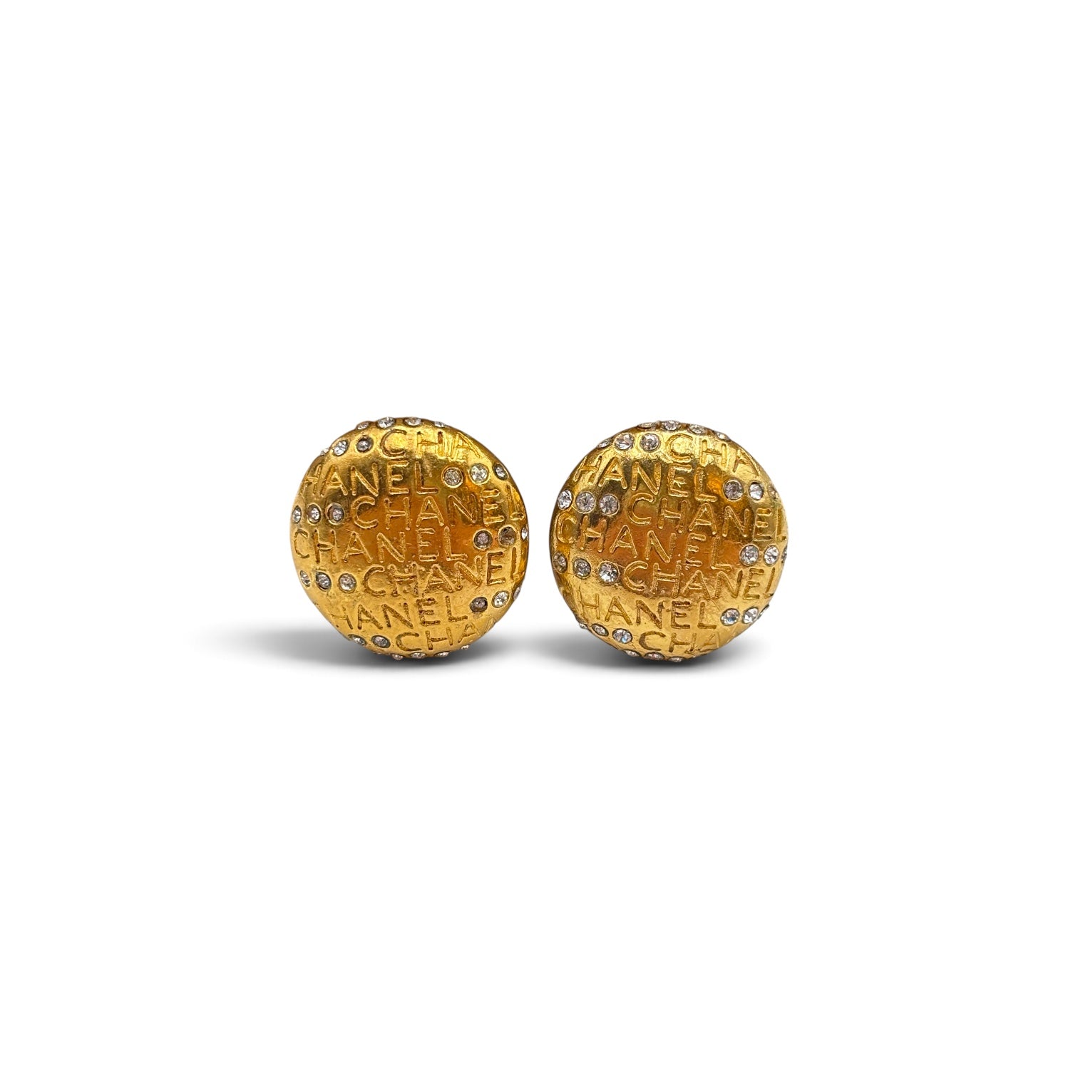 Chanel Gold-Tone Logo Mania Rhinestone Round Clip-On Earrings