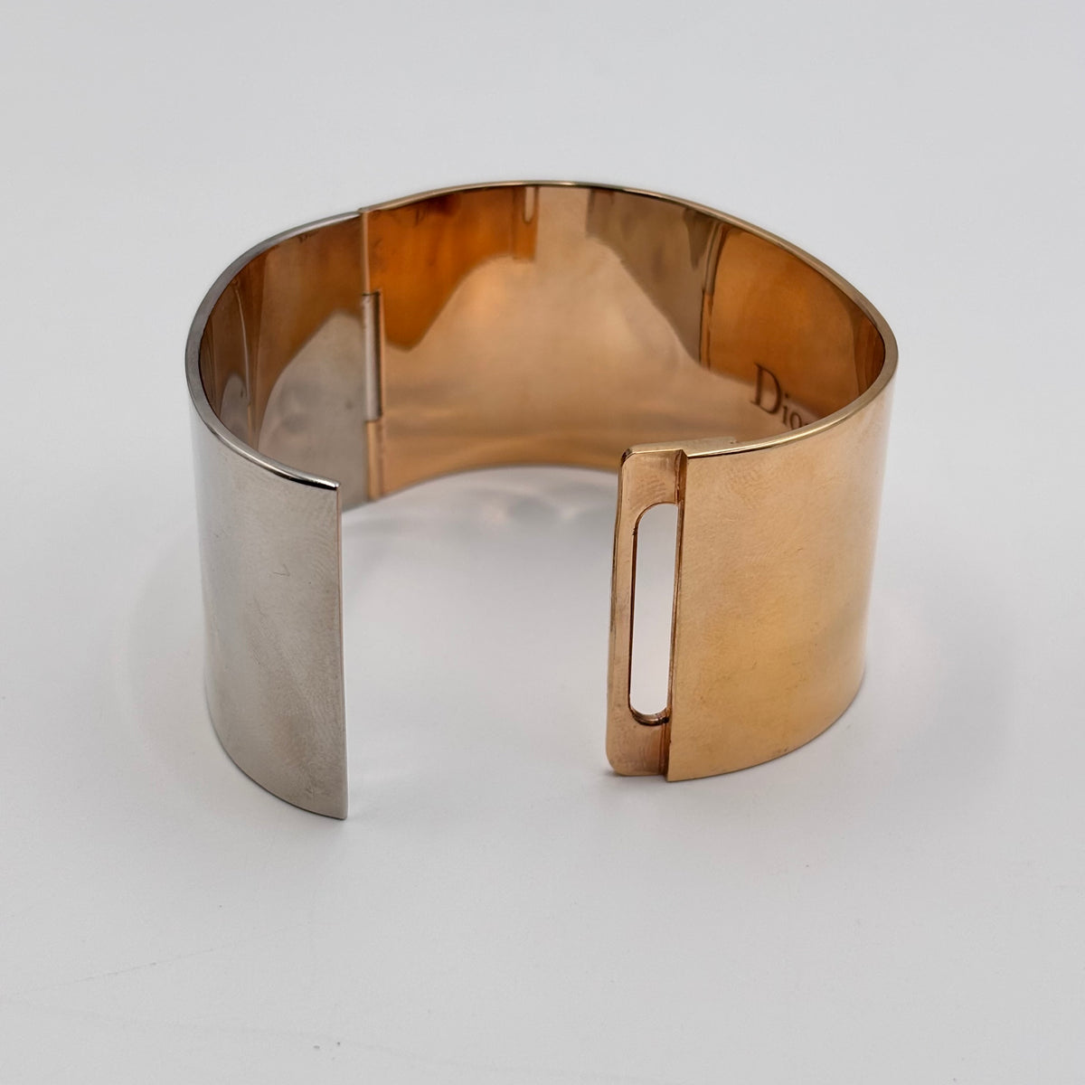 Christian Dior Two-Tone Mirror Finish Wide Logo Cuff Bracelet 2010s