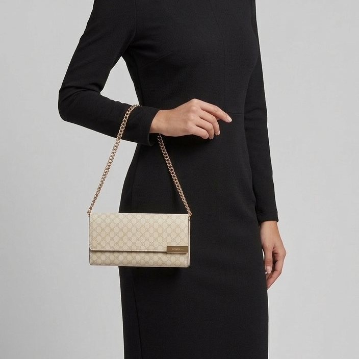Gucci Micro GG Guccissima Leather Chain Wallet Clutch Beige