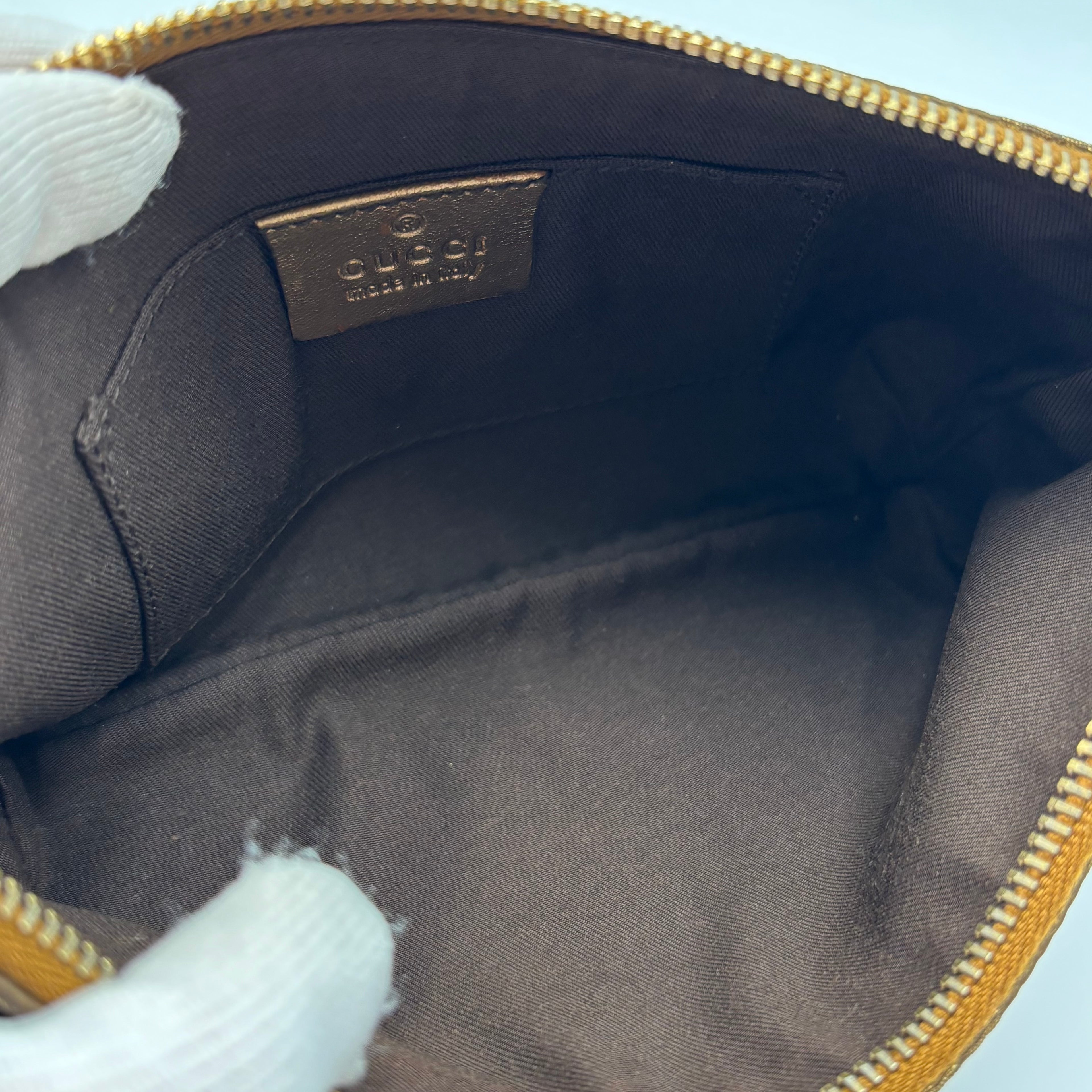 Gucci GG Canvas Bow Wristlet Pouch Metallic Gold Leather