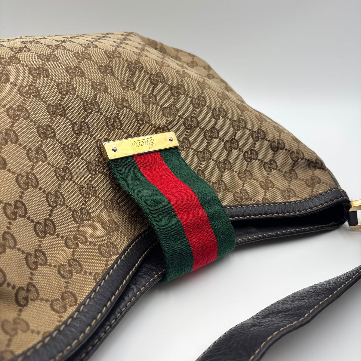 Gucci Vintage GG Canvas Web Stripe Hobo Shoulder Bag in Beige