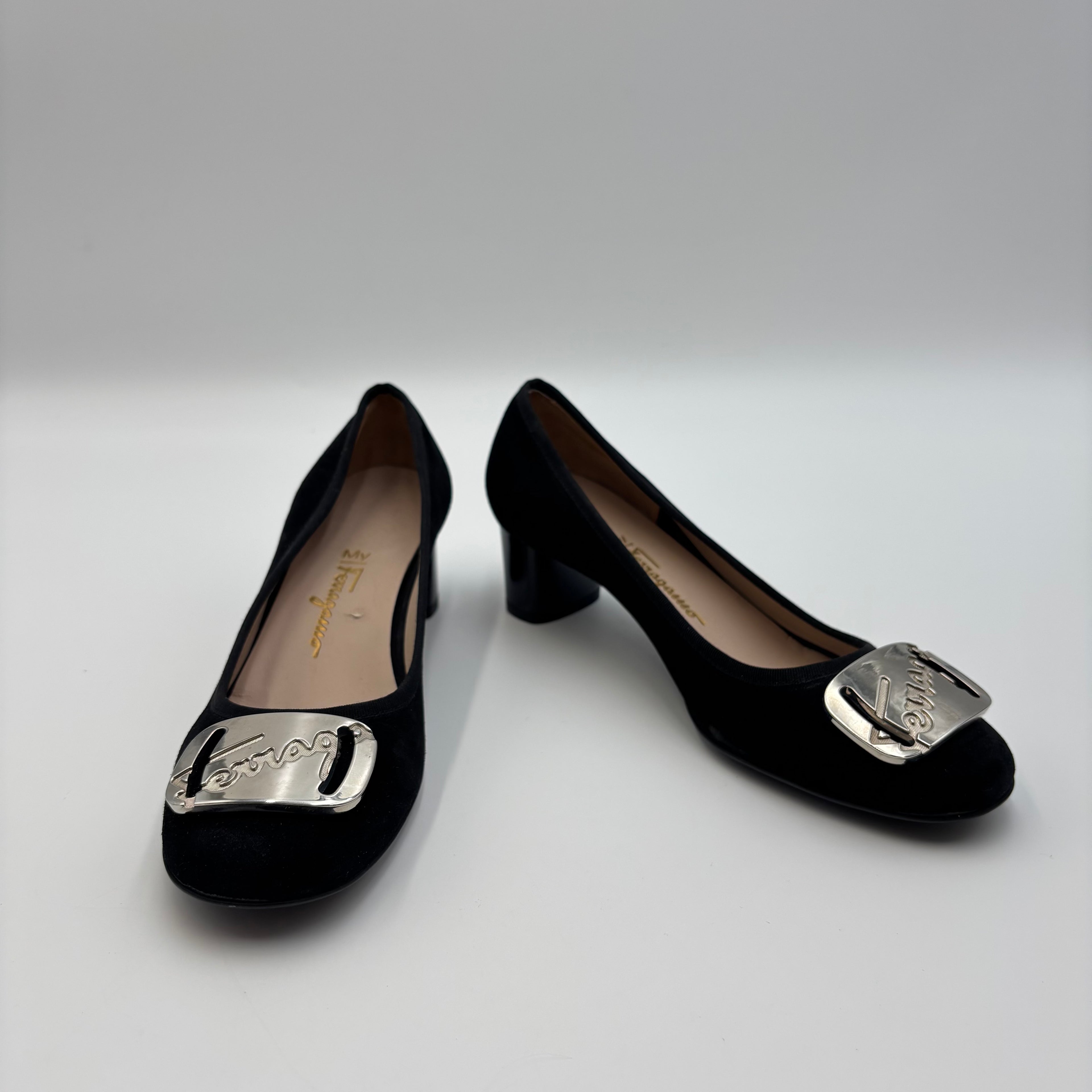 Salvatore Ferragamo My Ferragamo Black Suede Block Heel Pumps