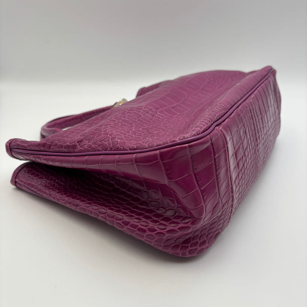 Longchamp Roseau Croc-Embossed Leather Tote in Fuchsia Pink