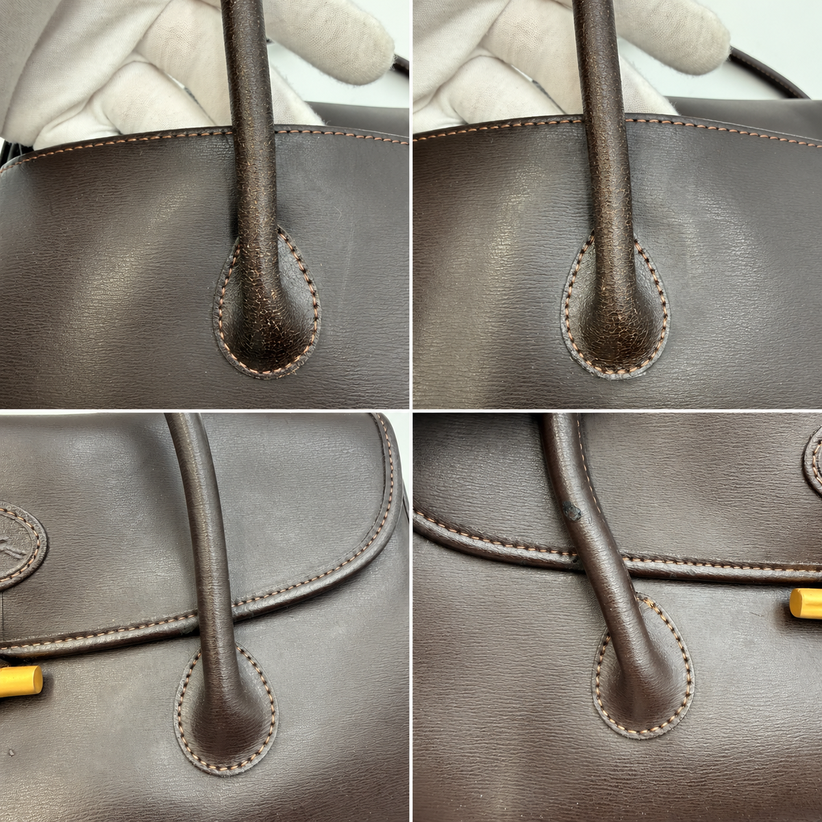 Longchamp Vintage Roseau Top Handle Satchel Bag Dark Brown Leather