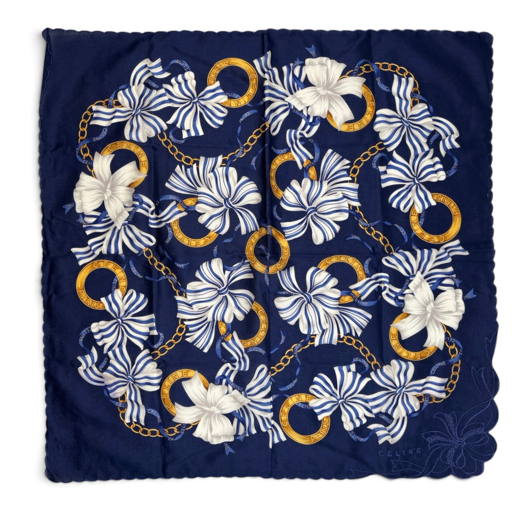 Celine Paris Scarf Navy Gold Chain Bow & Floral Print