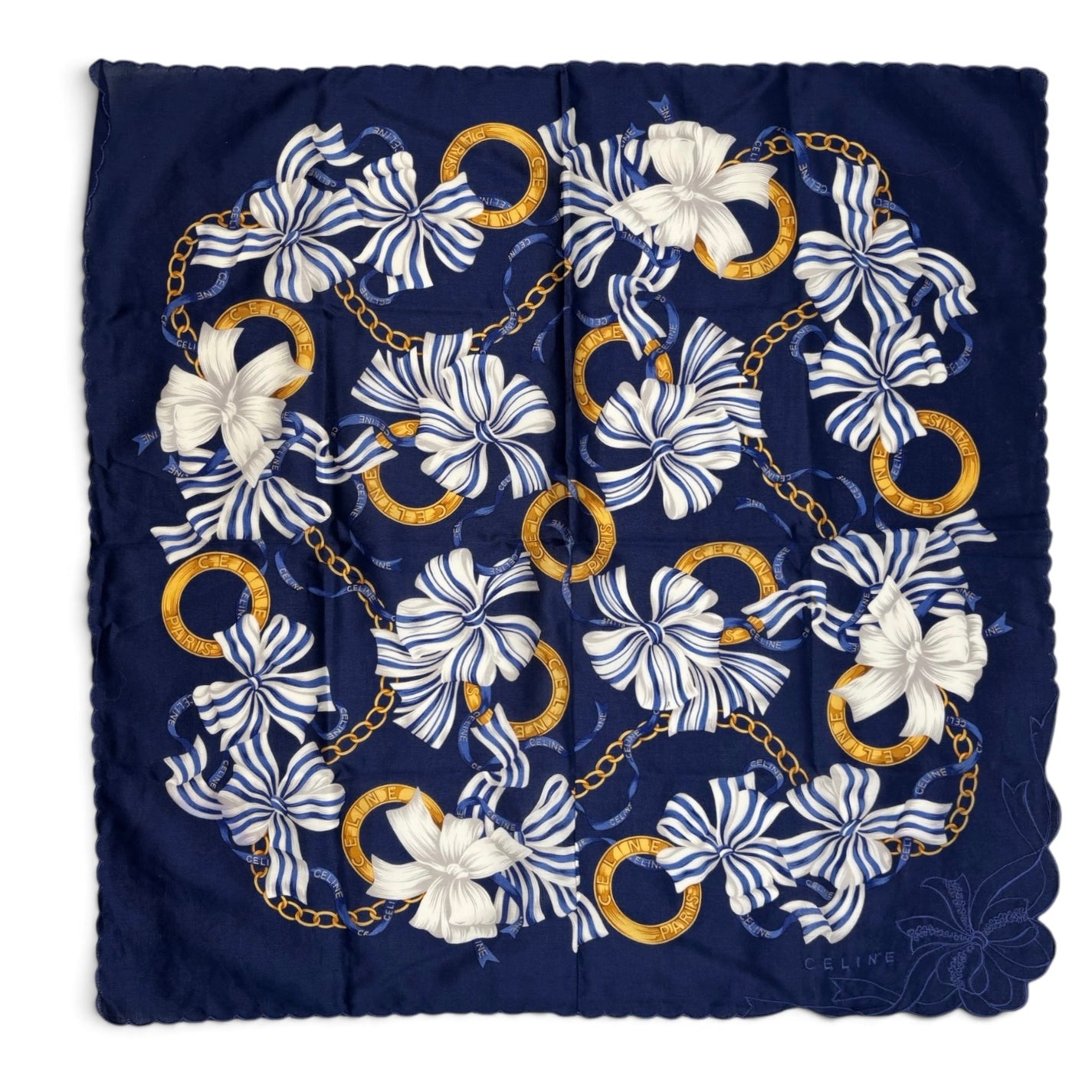 Celine Paris Scarf Navy Gold Chain Bow & Floral Print