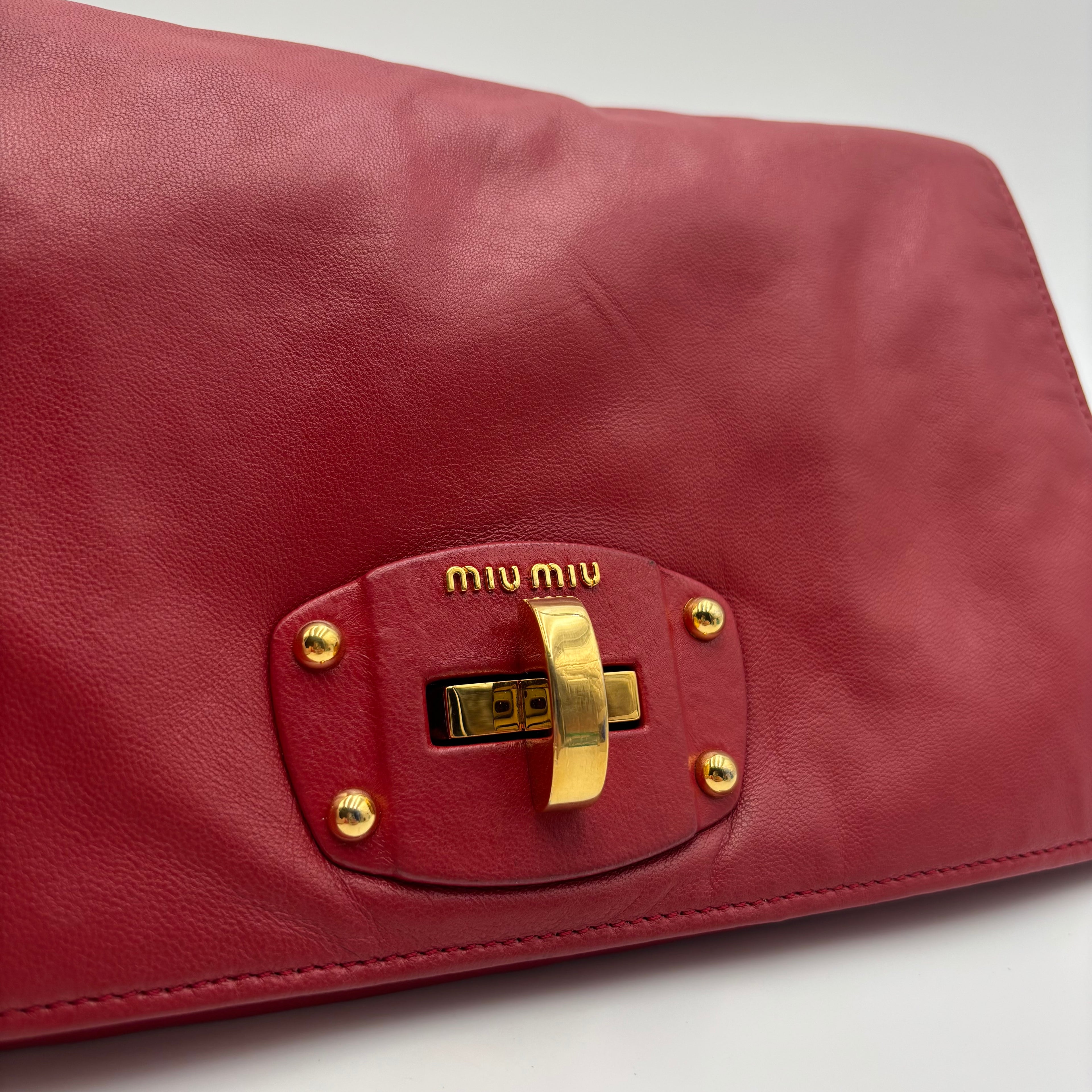 Miu Miu Vitello Lux Red Leather Crystal Chain Clutch Shoulder Bag