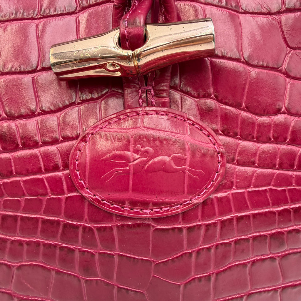 Longchamp Roseau Crocodile-Embossed Leather Tote by Philippe Cassegrain, Fuchsia, c. 2000s