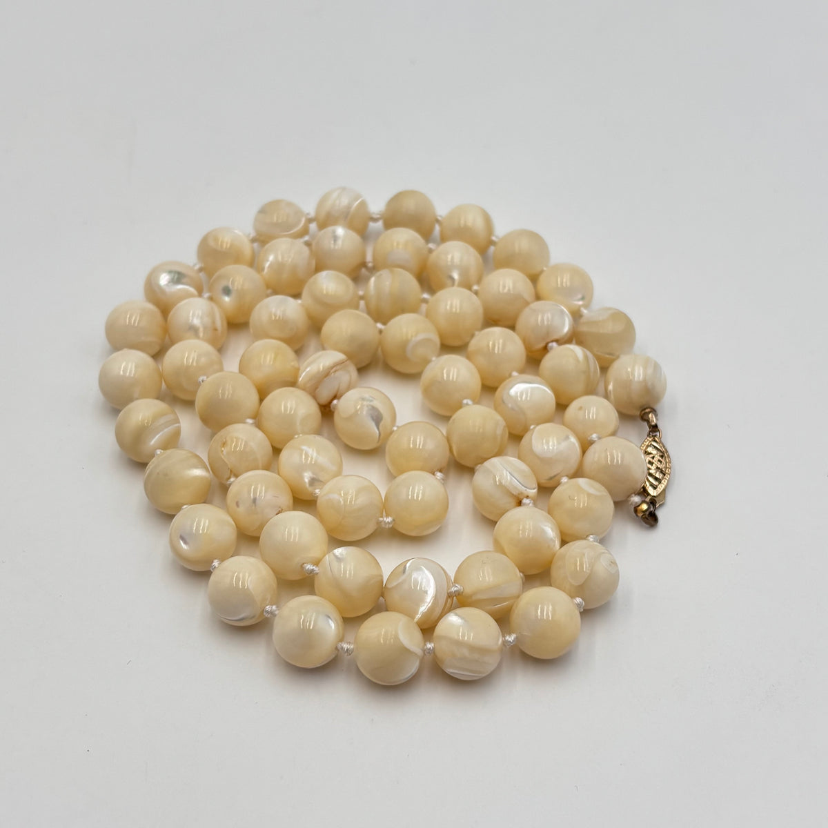 Cream Mother-of-Pearl Beaded Necklace with 14K Gold Clasp