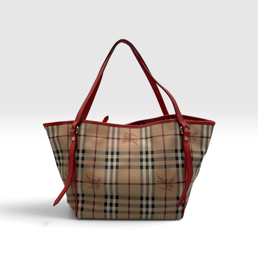 Burberry Haymarket Check Large Shopper Tote with Red Leather Trim