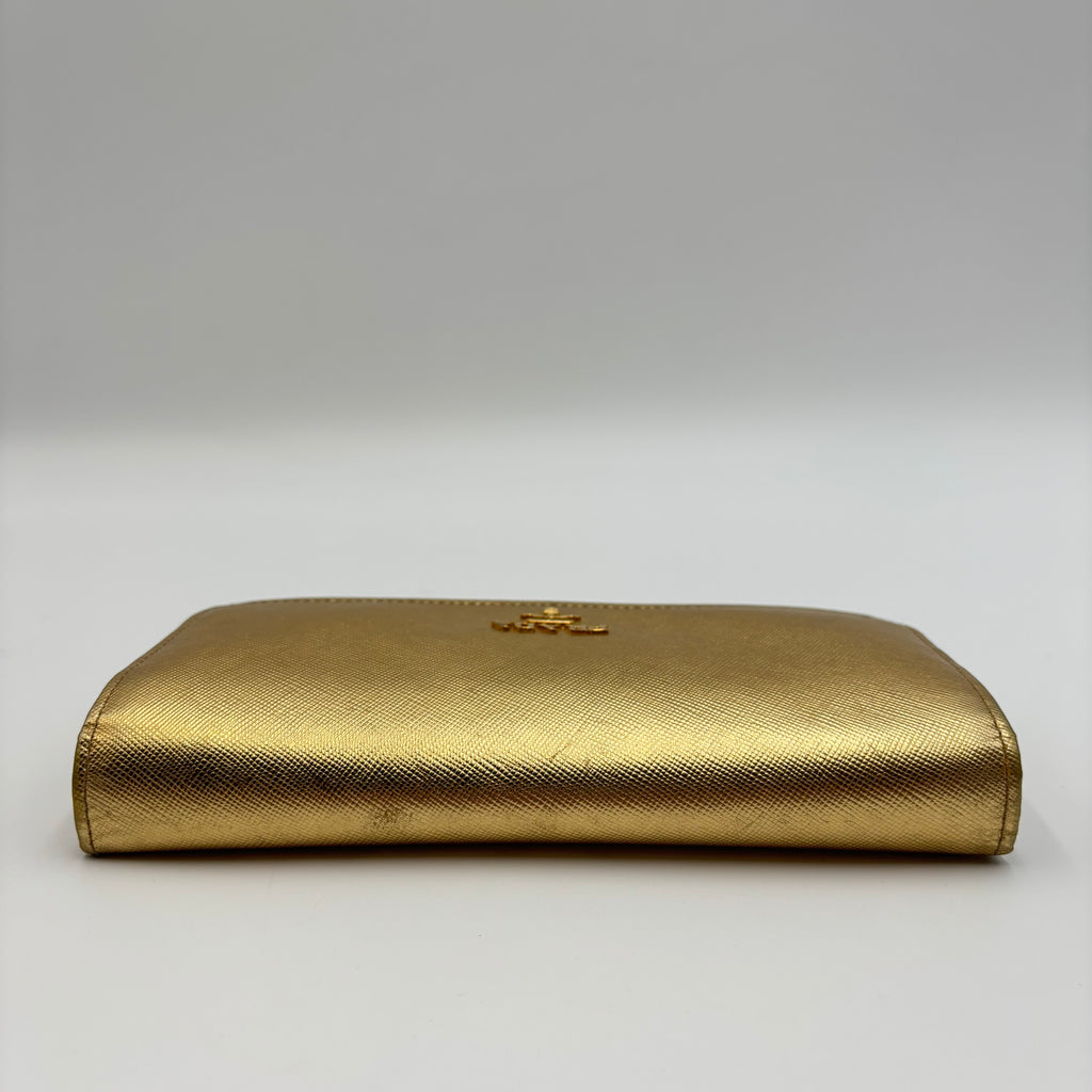 Prada Metallic Gold Saffiano Leather Continental Wallet