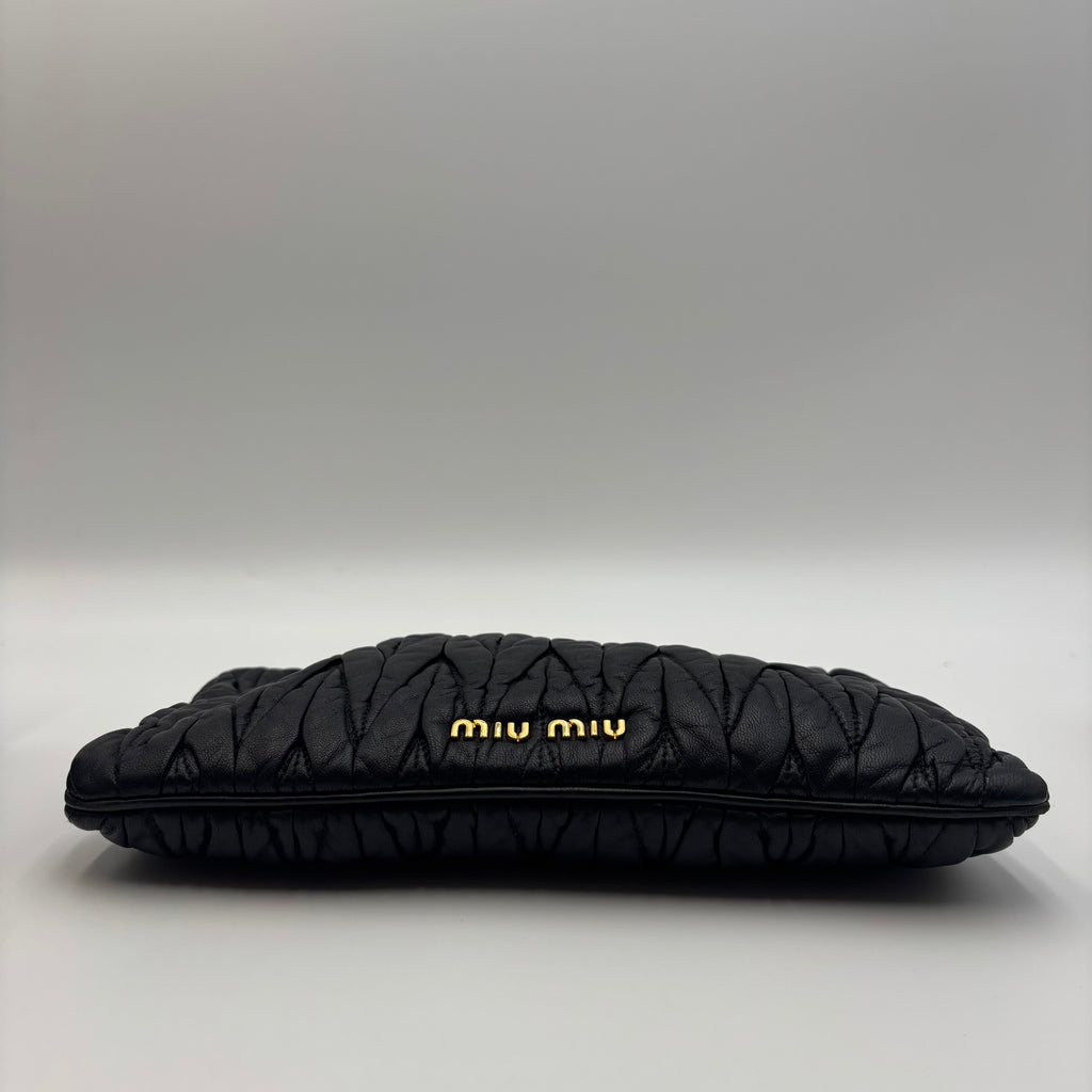 Miu Miu Matelassé Black Leather Clutch with Gold Chain 2000s