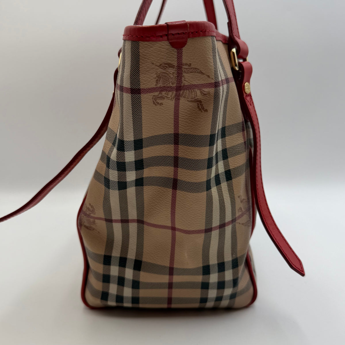 Burberry Haymarket Check Large Shopper Tote with Red Leather Trim
