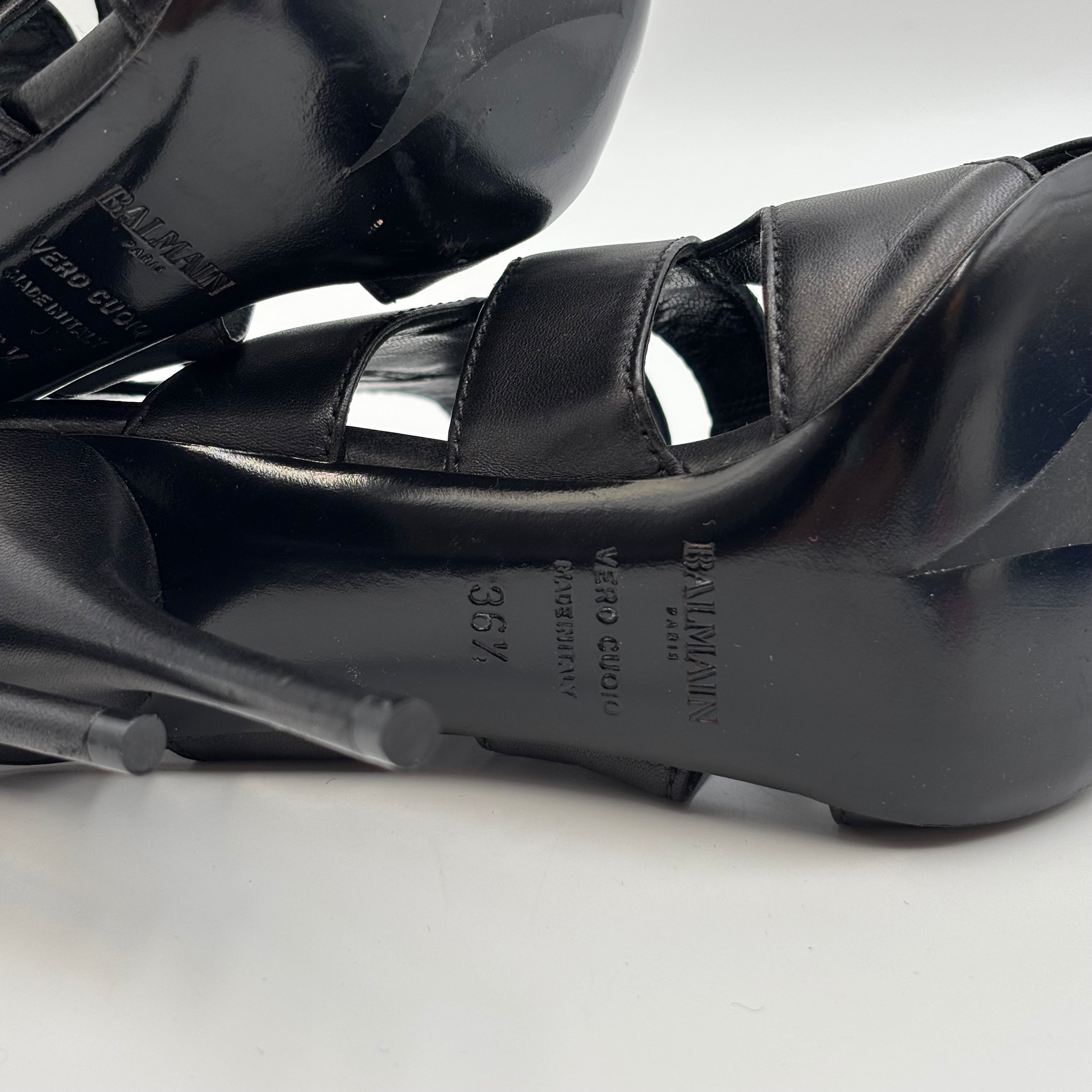 Balmain Black Leather Multi-Buckle Gladiator Heels