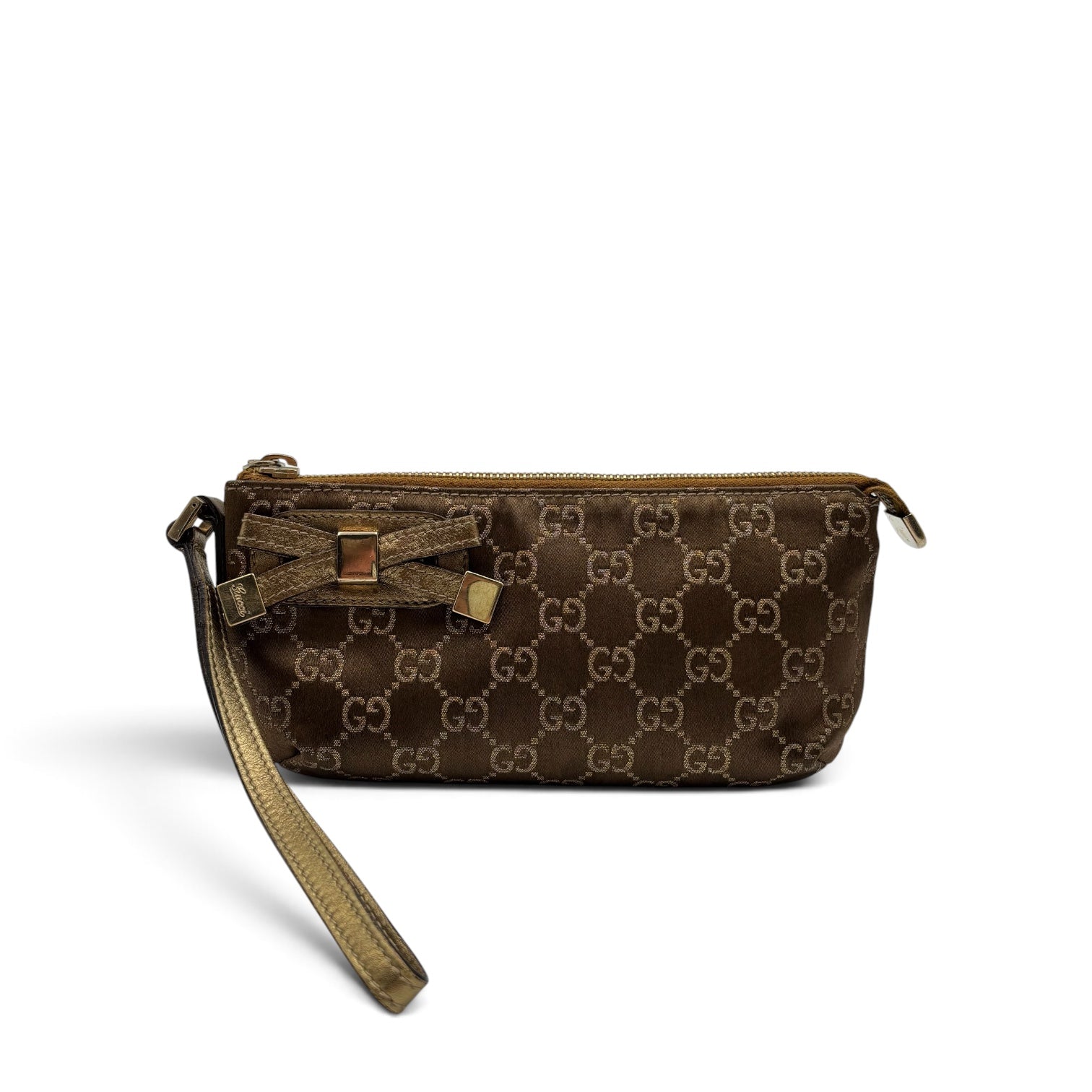 Gucci GG Canvas Bow Wristlet Pouch Metallic Gold Leather