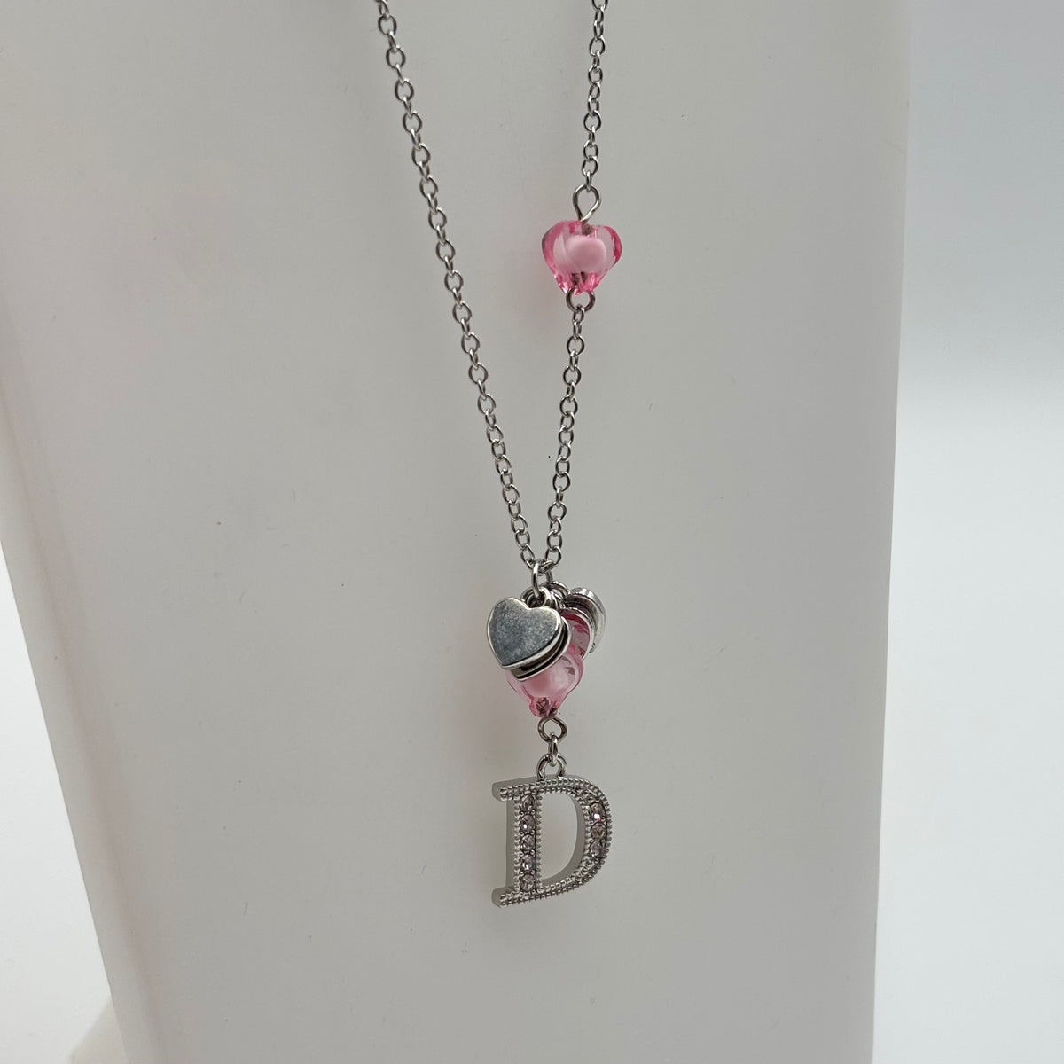 Christian Dior Pink Heart Crystal D Charm Necklace in Silver Tone 2000s