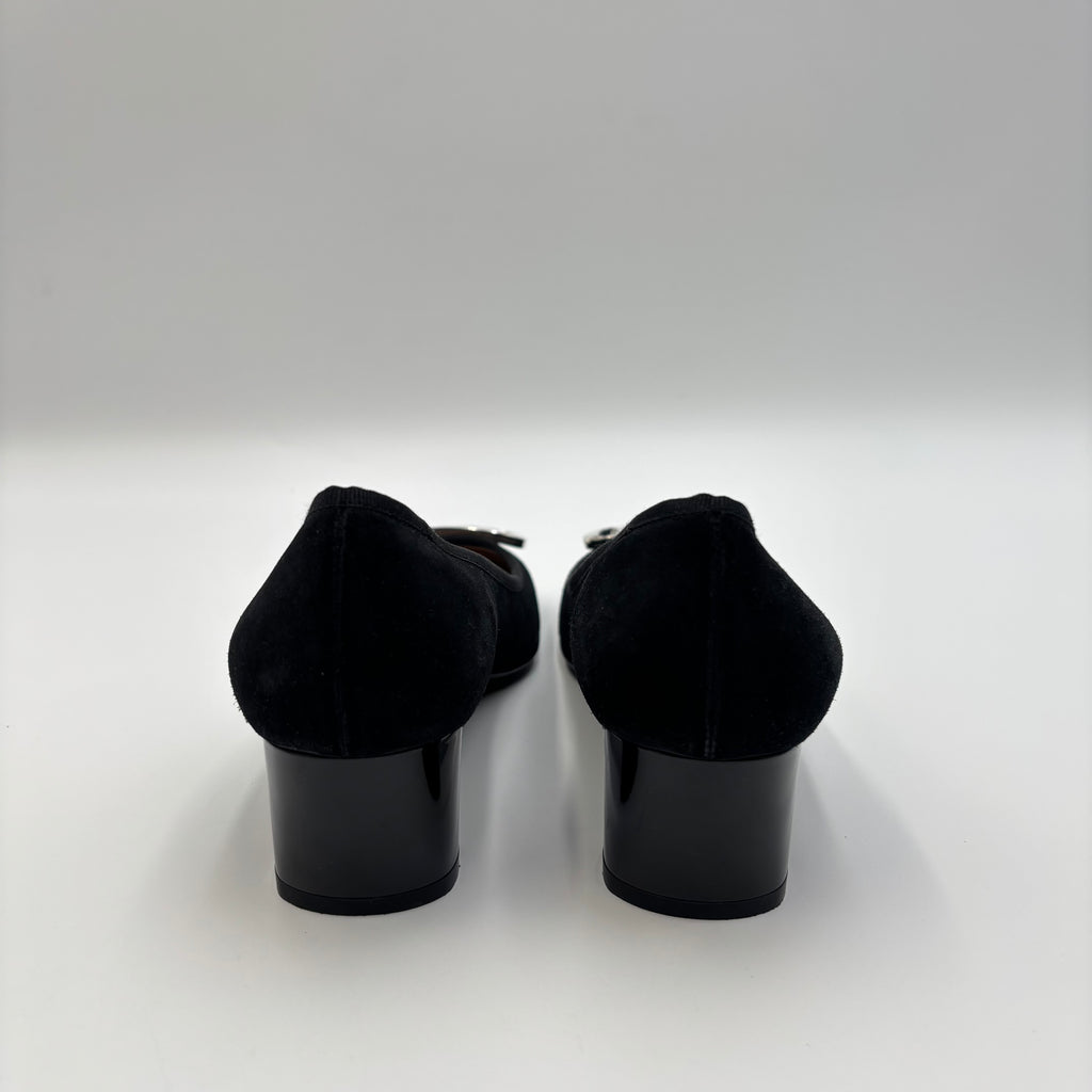 Salvatore Ferragamo My Ferragamo Black Suede Block Heel Pumps