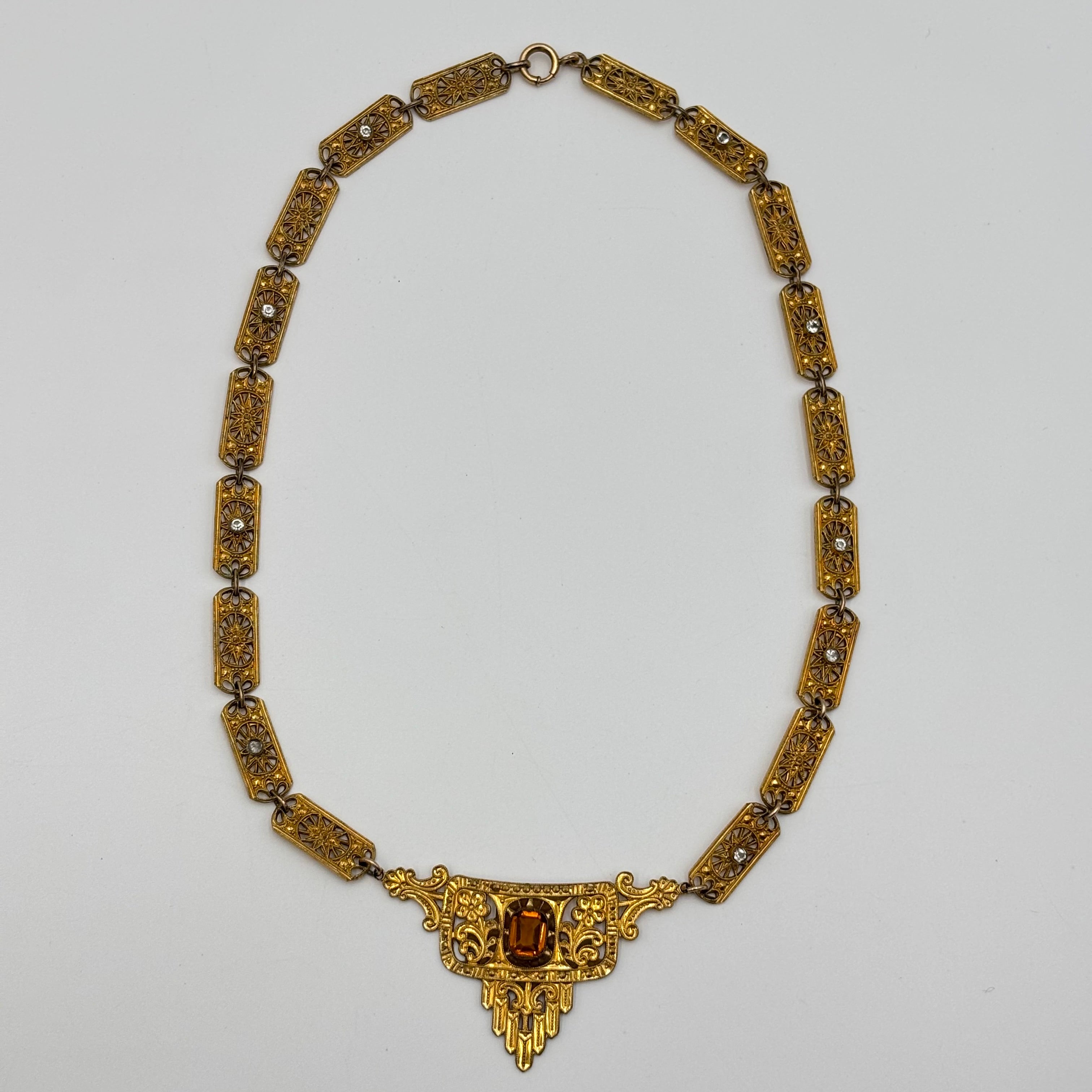 Birks Art Deco Filigree Statement Necklace Amber Crystal