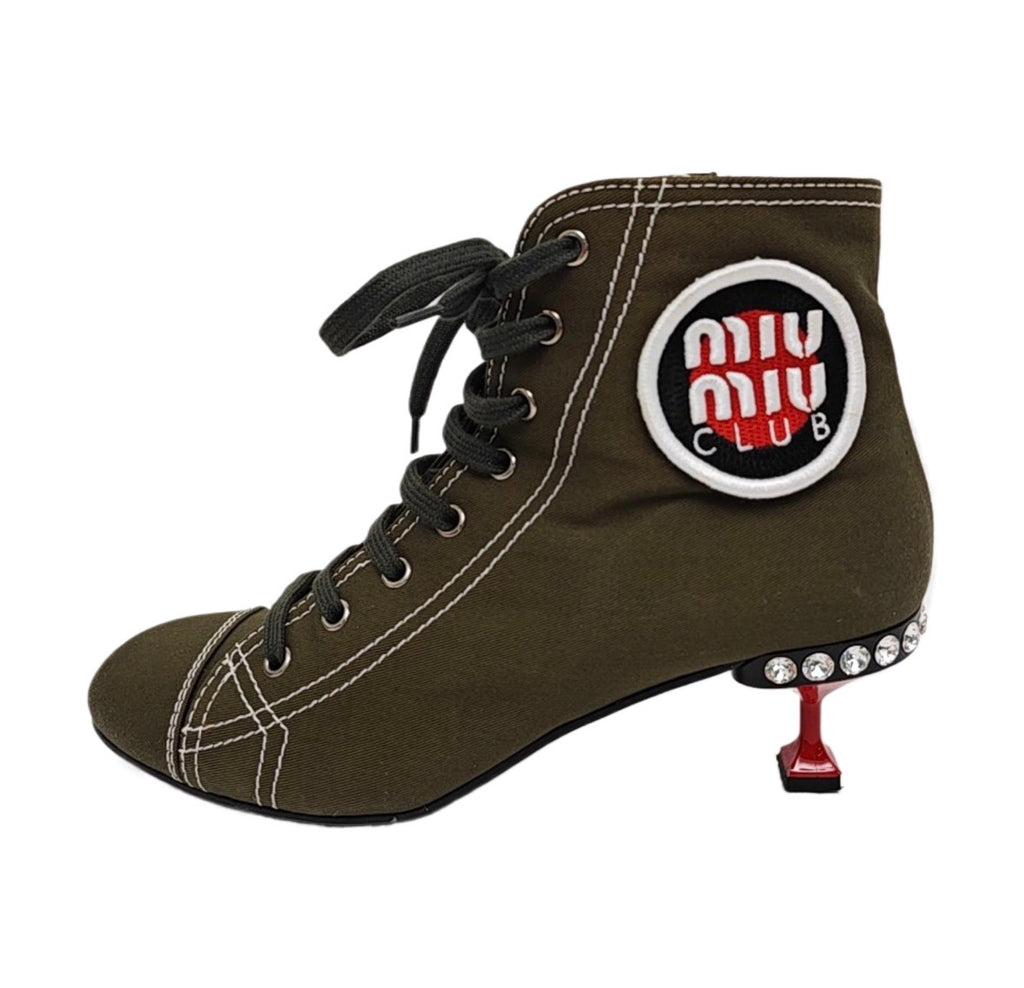 Miu Miu Club Crystal Heel Lace-Up Ankle Boots Size 39