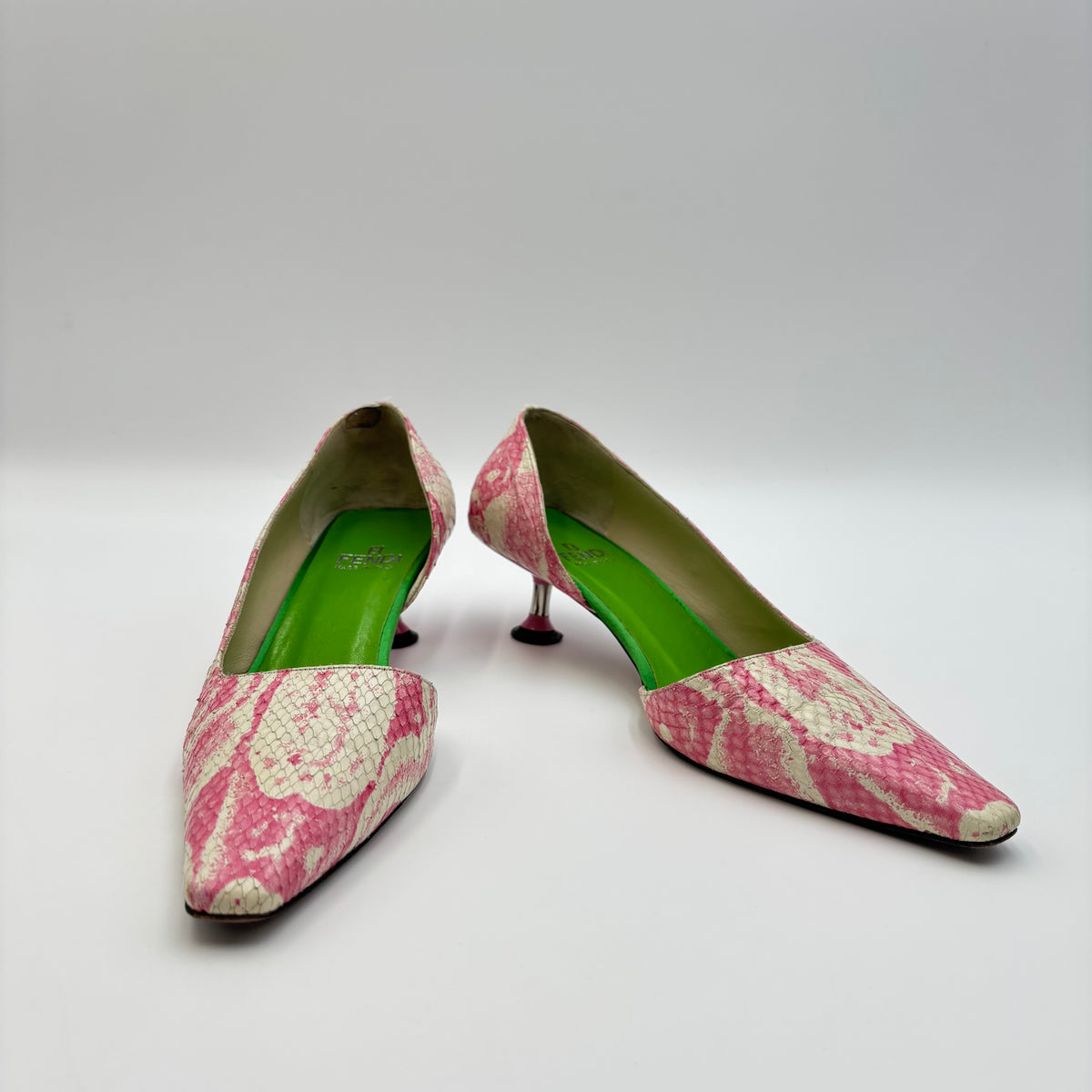 Fendi Pink/Ivory Snakeskin Kitten Heel Pumps