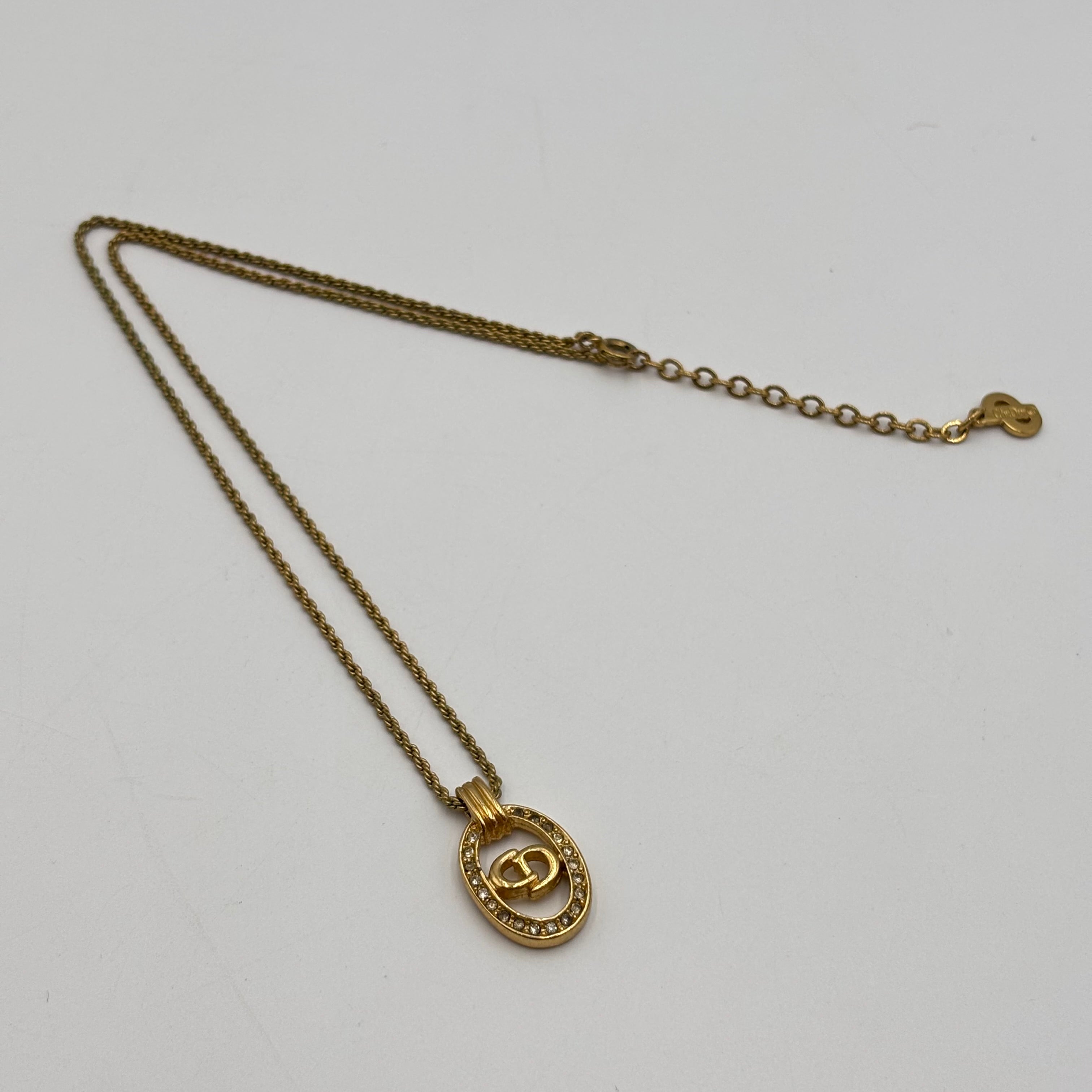 Christian Dior Gold CD Logo Oval Rhinestone Pendant Necklace