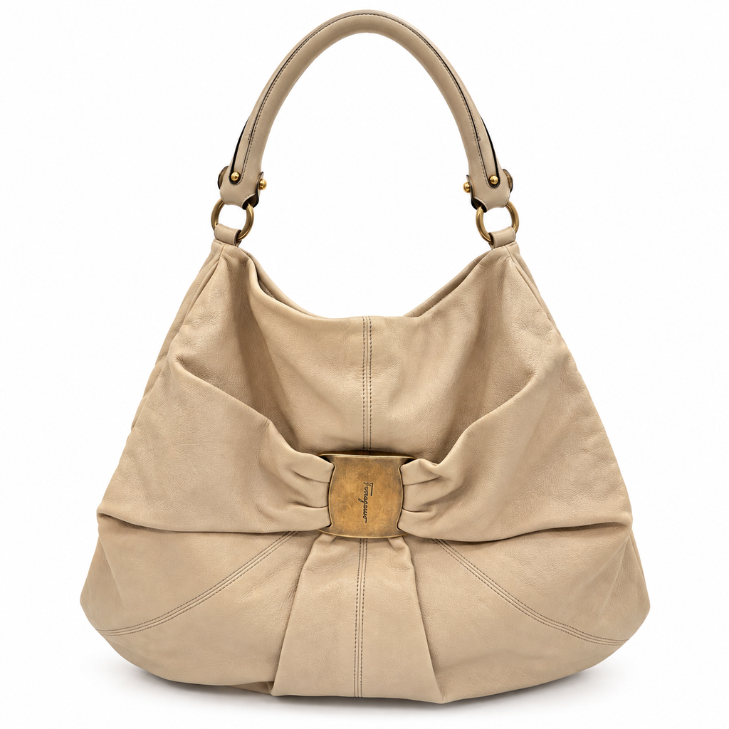 Salvatore Ferragamo Vara Ribbon Oversized Beige Leather Hobo Bag